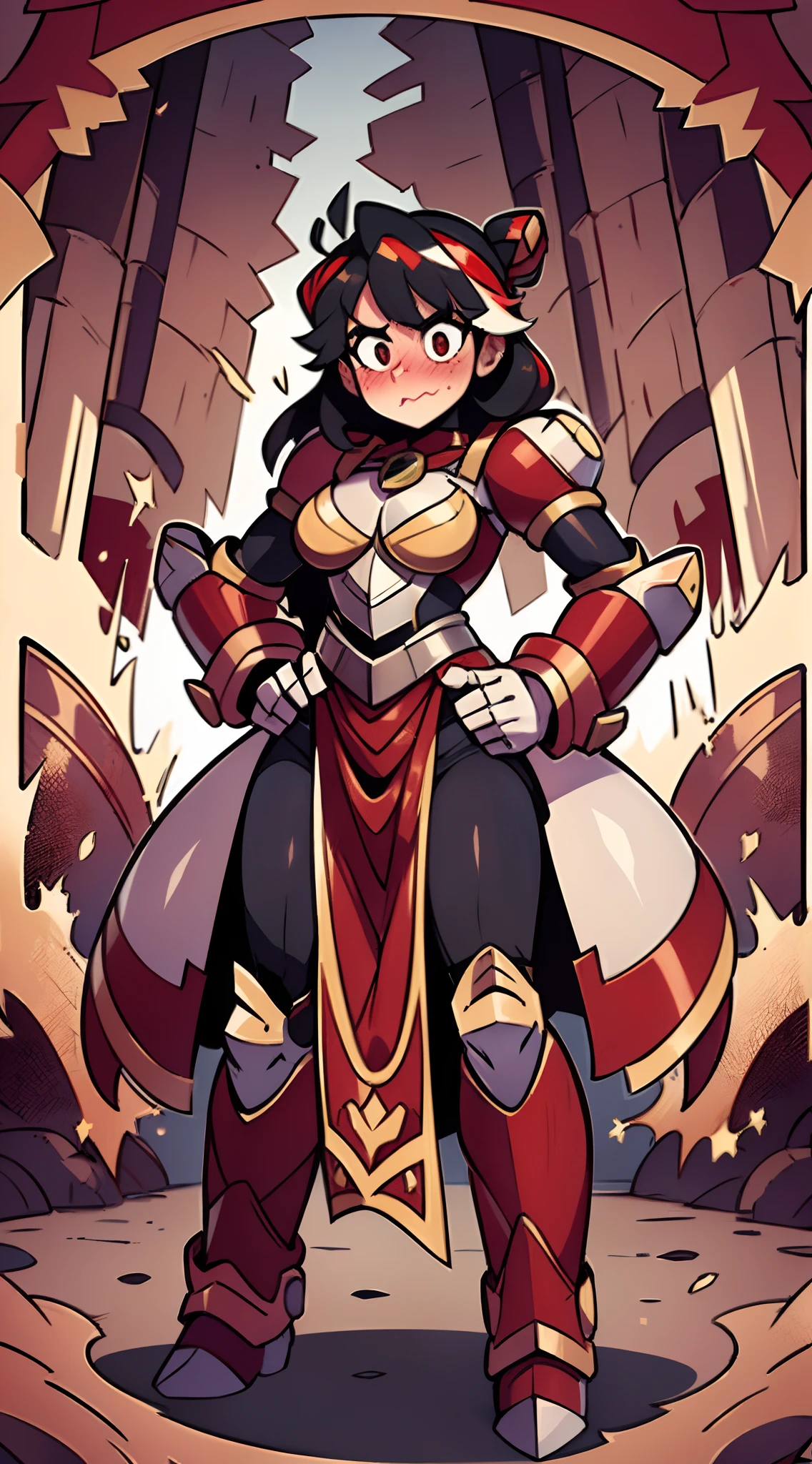 (best quality, masterpiece:1.2), Ryuko Matoi wearing armor, ultra-detailed, realistic, heavily armored, gauntlets holding skirt, encased in knight armor, small-chestplate, red gauntlets holding dress, mechsuit hands, steel-grey plating, intricate armor detailing, polished metal textures, powerful grip, mechanical gauntlets, intricate joint mechanisms, articulated fingers, luxurious purple fabric, flowing gown, holding dress, vibrant red and white dress, elegant folds, rich silver embroidery, regal attire, royal purple accents, ornate red and silver embellishments, majestic crown, shining red gemstones, imposing stature, majestic stance, formidable presence, dramatic lighting, spotlight, soft shadows, dramatic shadows, dynamic composition, intense colors, slightly muscular, bulky armor, chest adorned with gemstones, Ryuko Matoi's face, flustered and embarrassed, looking at viewer blushing, Ryuko Matoi’s hair, tied neatly into a hairbun, long flowing black hair, heavy knight armor.
