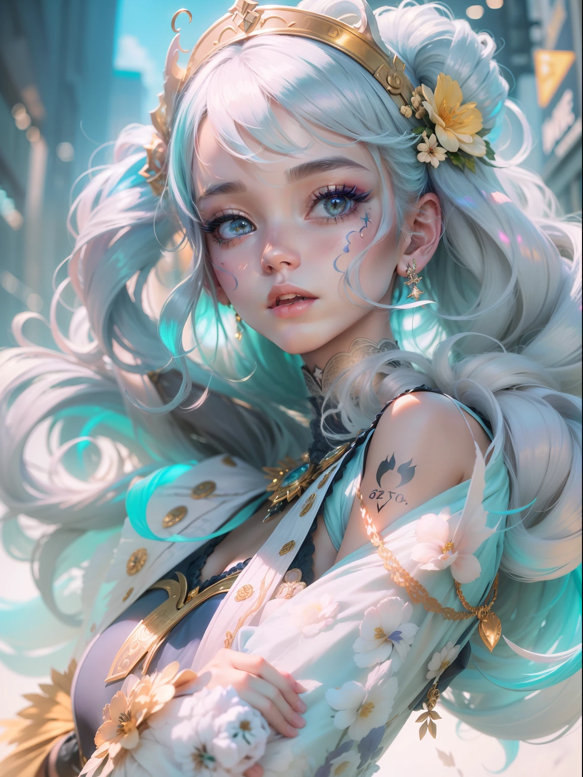 (((masterpiece)))、(((top-quality)))、((ultra-definition))、(High Definition CG Illustration)、((extremely delicate and beautiful))、City of the Future、Cyber City、Cinematic Light、Girl with a sheared hairstyle、Rainbow Color、unconventional、Marie Antoinette style、Cyber Girl、facepaint、Face tattoos、Body Barcode、2080s、animesque、girl with、trending on artstationh、Rachel Walker