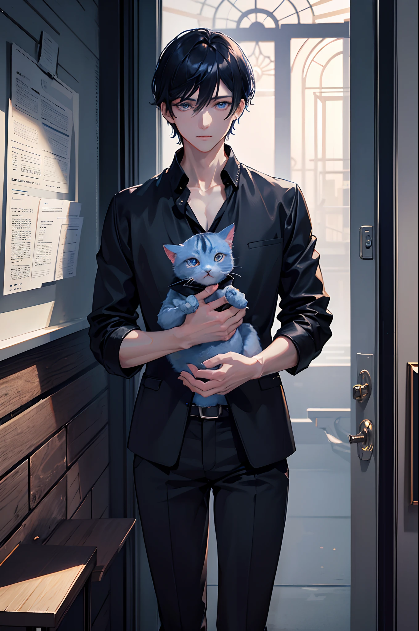 A dark-haired blue eyess Short hair male people ember jaket Cutter shirt slacks Leather shoes Cuddling a cat in a room masterpiece Top image quality Clear cinematic shadow Increased attractiveness of the eyes Clear the shine of the eyes Draw eyelashes neatly Perfect Eye A detailed eye Sharpen image quality Sharpen eye writing Clear eye shape