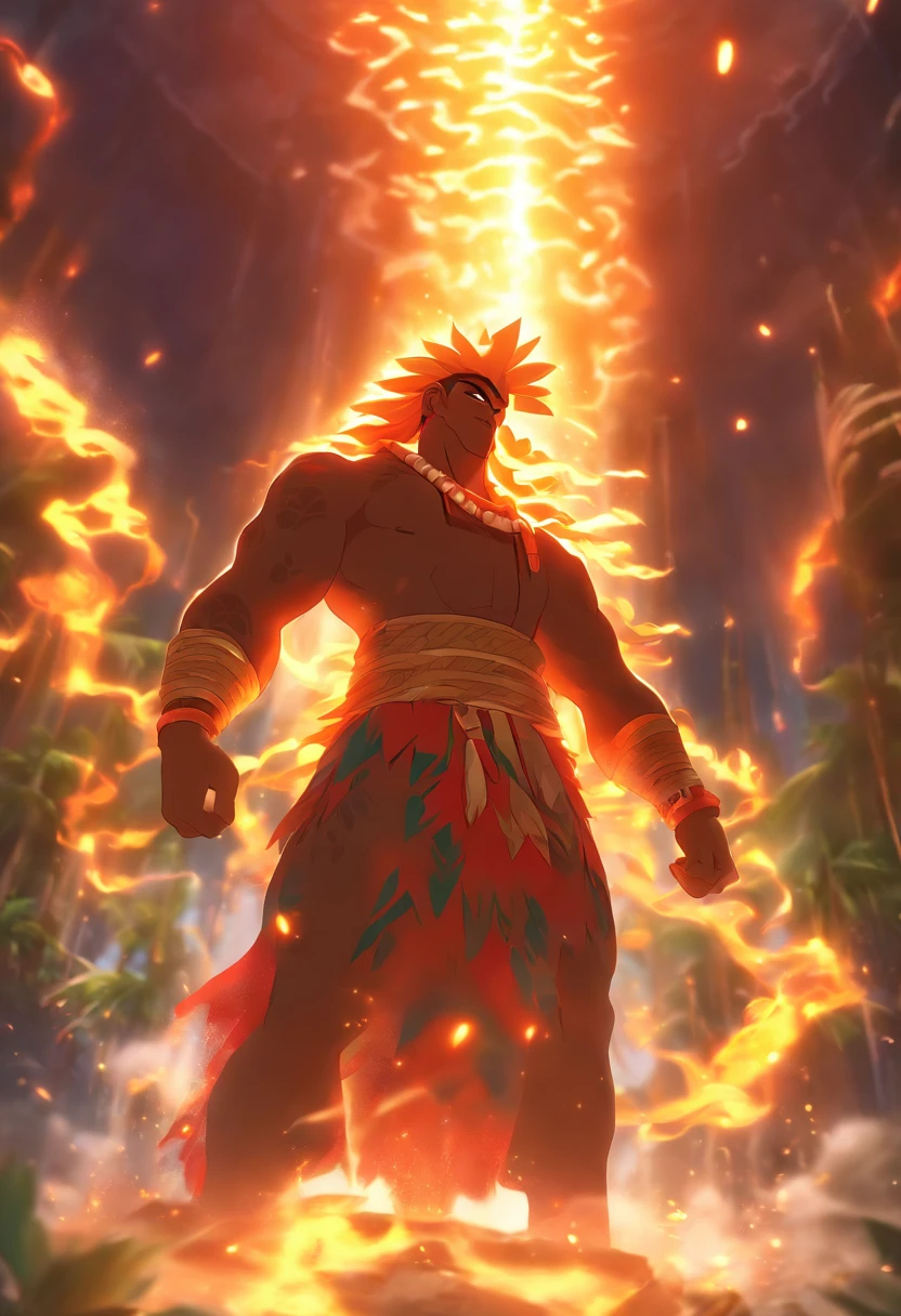 (((Hawaiian God))) best quality, ultra-high resolution, 4K detailed CG, master piece,Maui,man,the man who trapped the sun,trapping the sun,tying the sun,holding the sun,ropes,nets ,Hawaiian clothing, cuneiform ,Hawaiian Mythology,Hawaii,Maori painting style, aesthetics, Beautiful image, depth of field, centered image