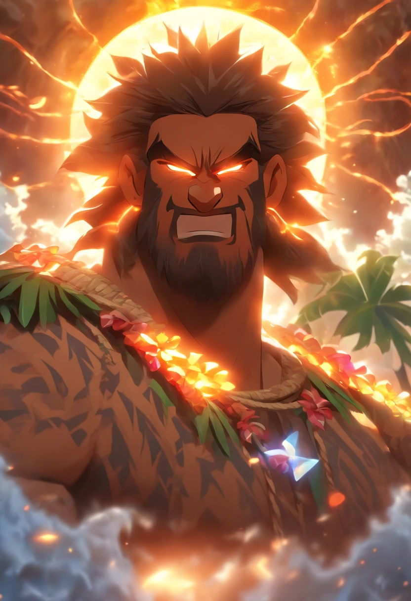 (((Hawaiian God))) best quality, ultra-high resolution, 4K detailed CG, master piece,Maui,man,the man who trapped the sun,trapping the sun,tying the sun,holding the sun,ropes,nets ,Hawaiian clothing, cuneiform ,Hawaiian Mythology,Hawaii,Maori painting style, aesthetics, Beautiful image, depth of field, centered image