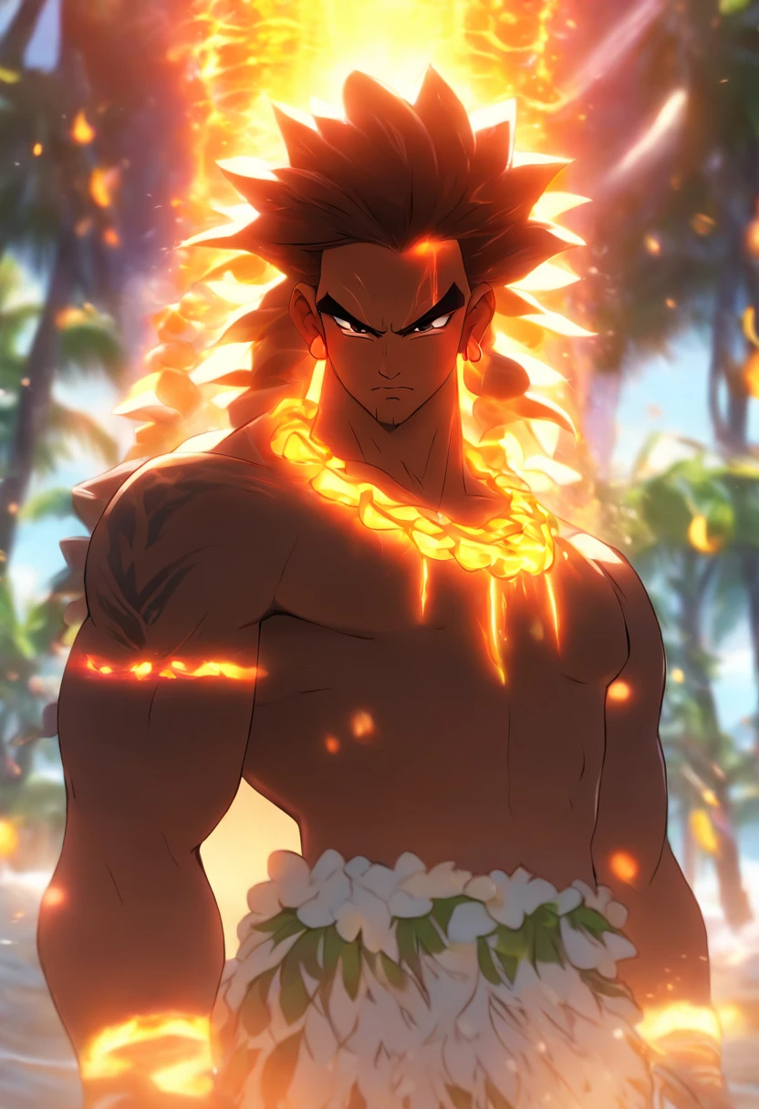 (((Hawaiian God))) best quality, ultra-high resolution, 4K detailed CG, master piece,Maui,man,the man who trapped the sun,trapping the sun,tying the sun,holding the sun,ropes,nets ,Hawaiian clothing, cuneiform ,Hawaiian Mythology,Hawaii,Maori painting style, aesthetics, Beautiful image, depth of field, centered image