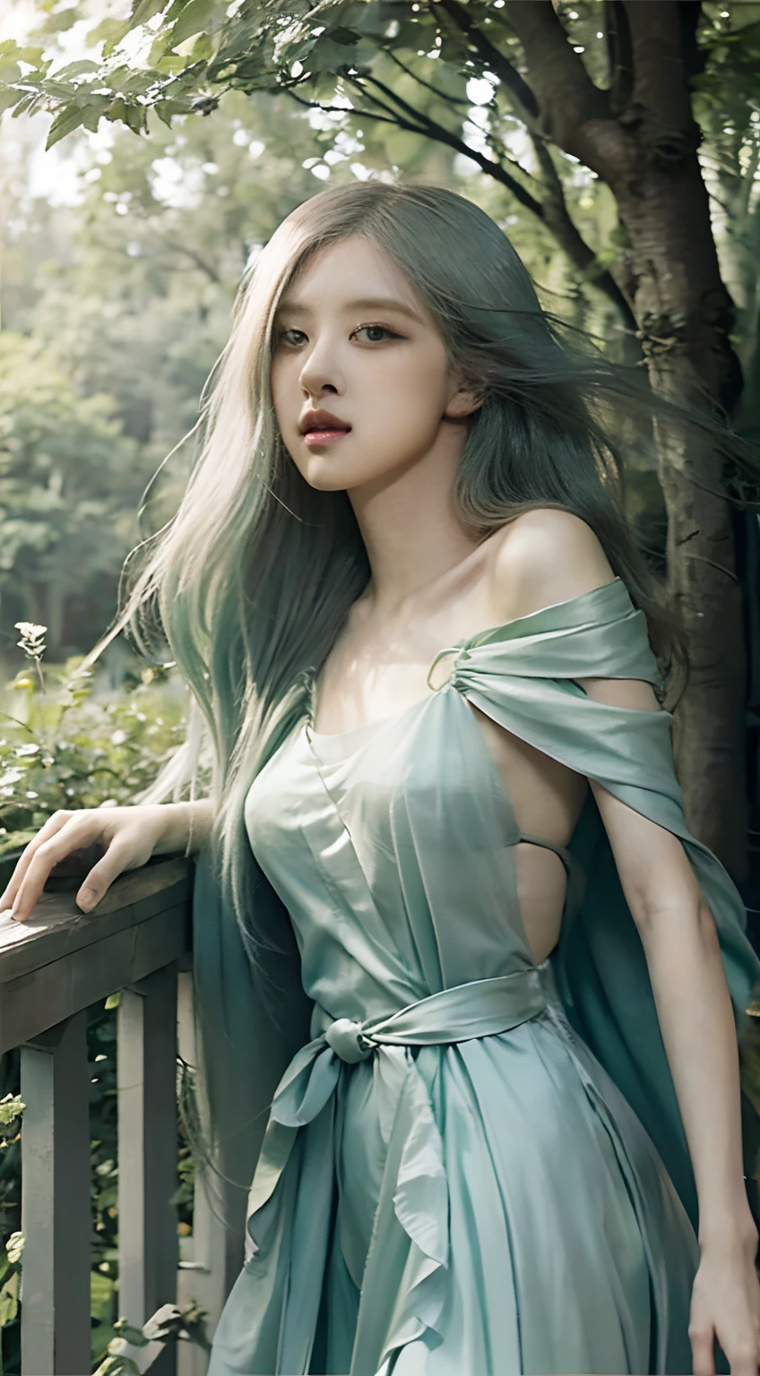 Green theme,green hair blowing in the wind,green flowing dress,beautiful detailed eyes,dreamy expression,soft sunlight,artistic portrait,photorealistic,vivid colors,creative lighting,romantic atmosphere,ethereal beauty,waist-length hair,peaceful and serene, delicate features,pure and innocent,fantasy world,magical ambiance,impressionist painting style