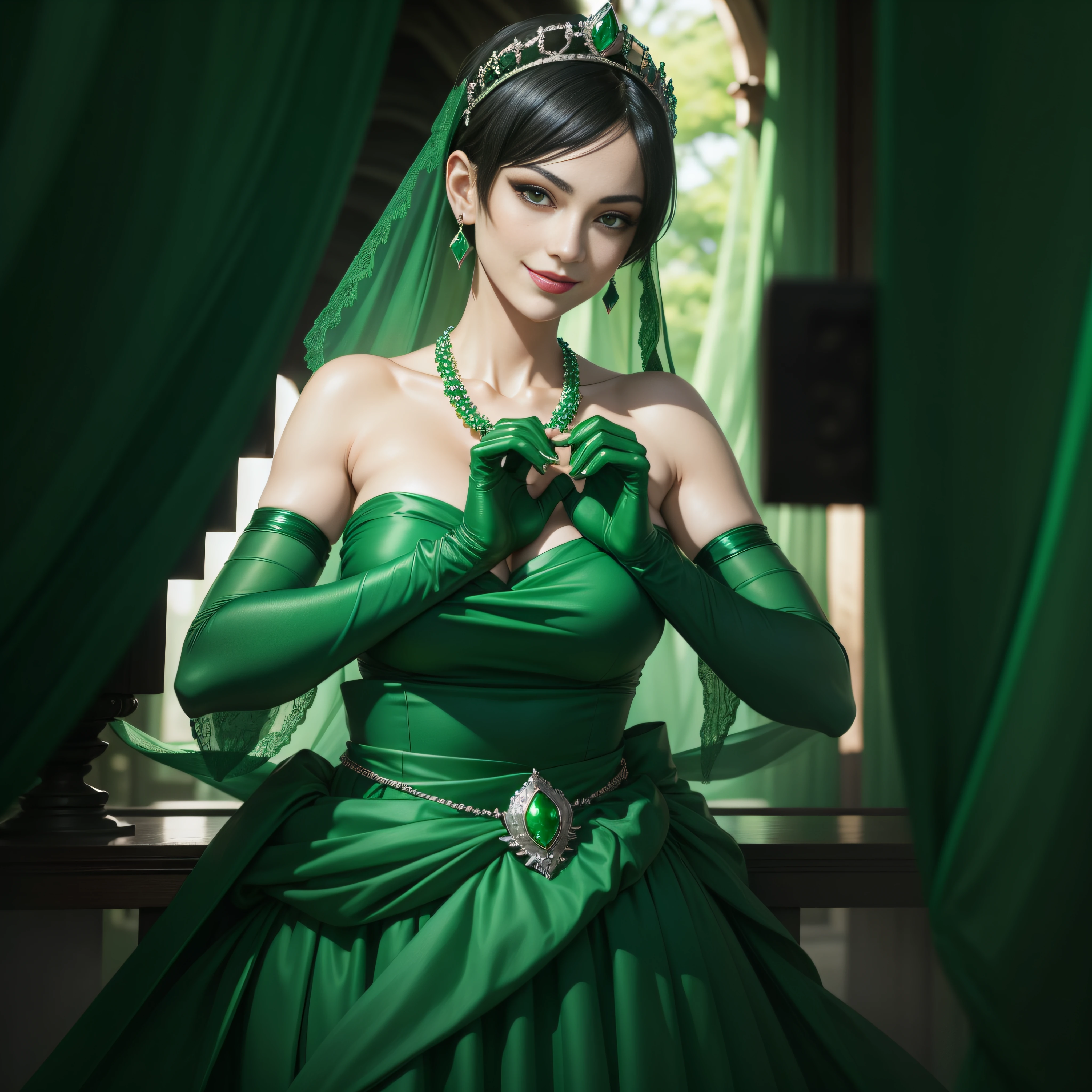 emerald tiara, Green Pearl Necklace, Boyish very short black hair, lipsticks, Japan woman smiling, very short short hair, big breasts beautiful, Green eyes, Long green gloves made of satin material, Green eyes, Emerald Earrings, Day Church, Fold your hands