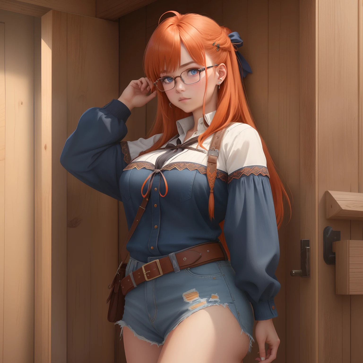 8k, masterpiece, best quality, realistic, higly detailed, cowboy shot, 1girl, solo, itsuki, serious looking girl, medium-length hair, expressive ahoge, reddish-orange hair, a pair of star-shaped hairpins near both of her eyes, dark blue eyes, average height, well-endowed figure, glasses, cute, vandal