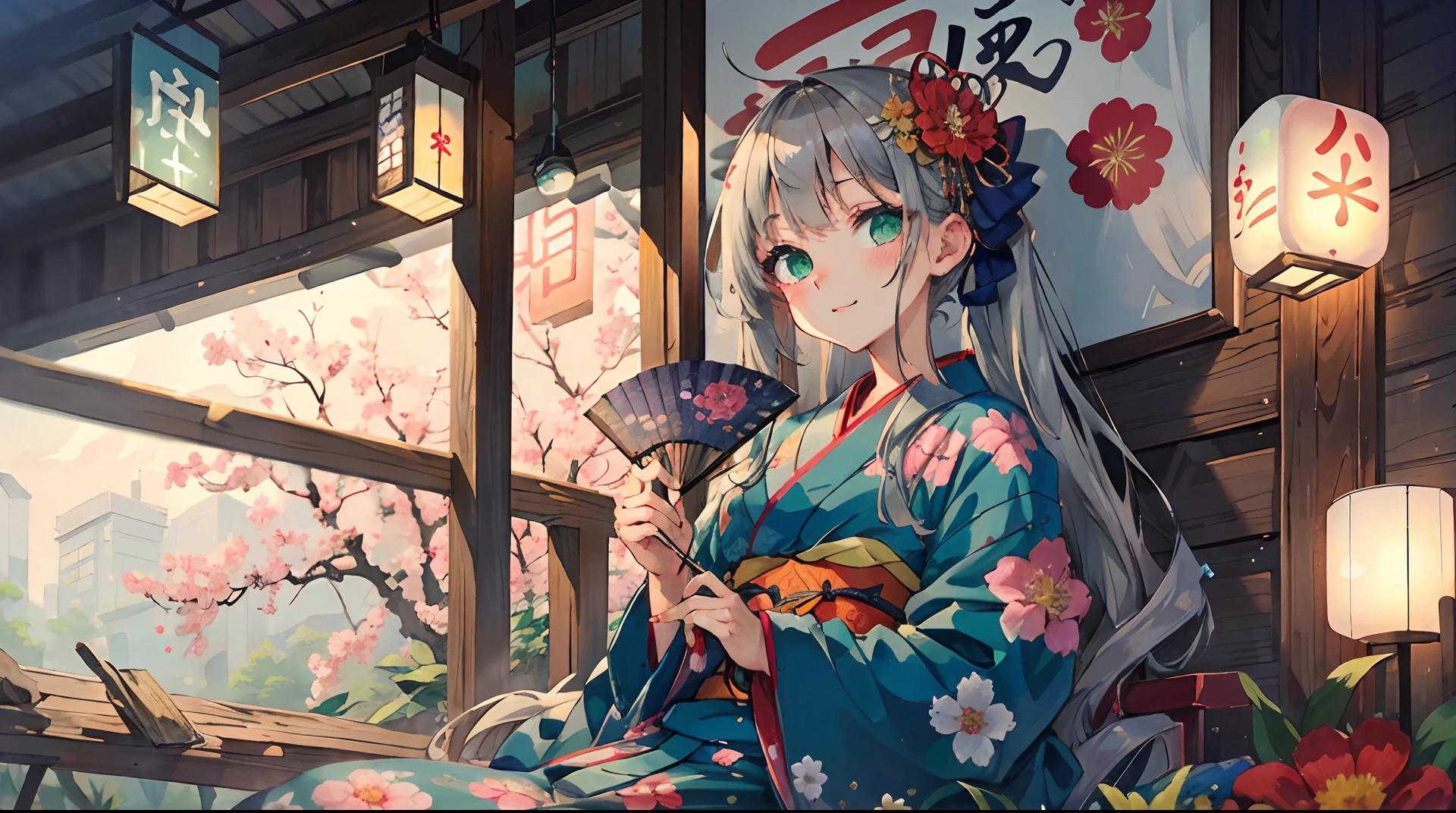 Anime girl in kimono outfit sitting on a bench with a fan - SeaArt AI