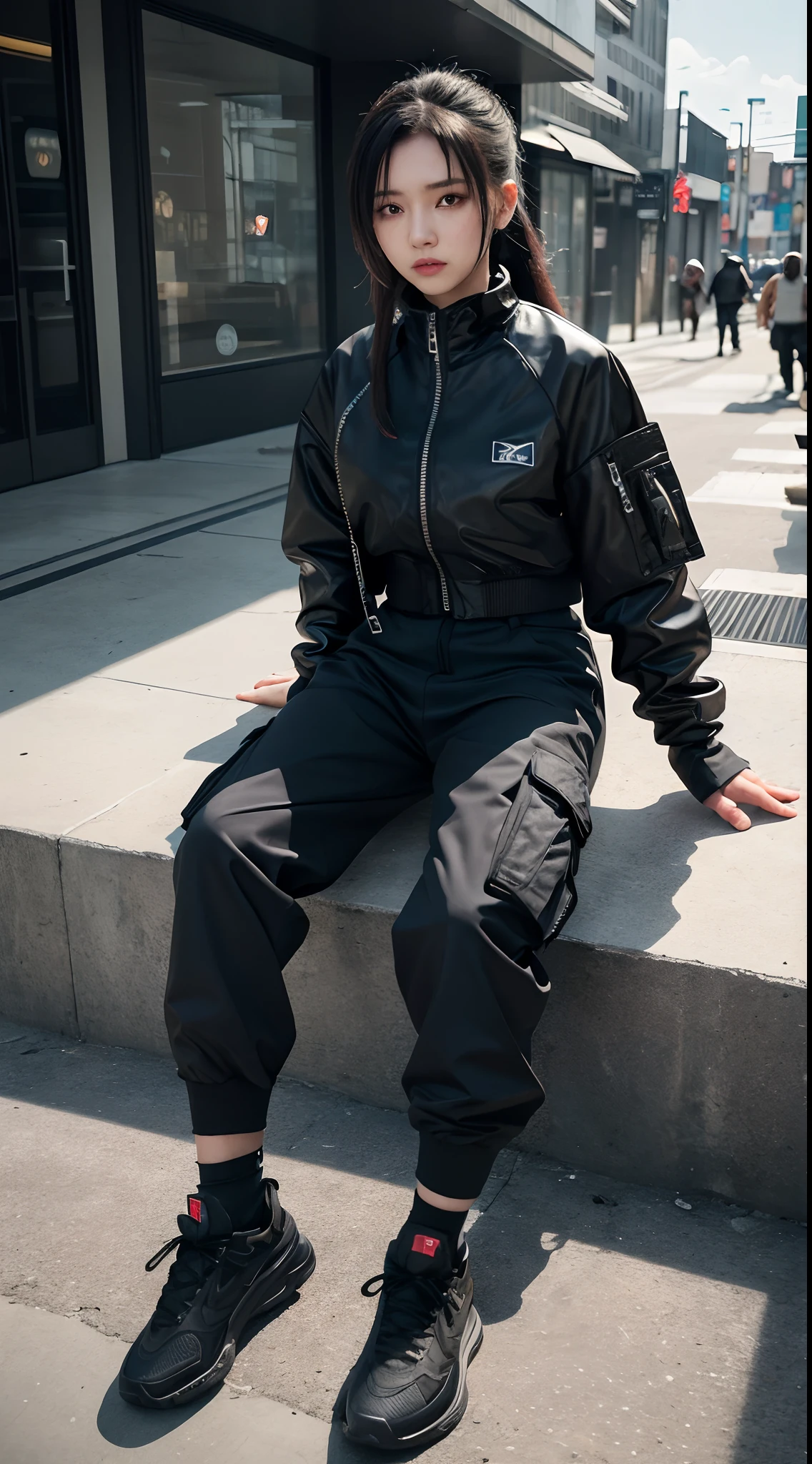 8K, RAW photos, Best quality, Masterpiece: 1.2),(best qualtiy，8K, Yes，32K，masterpiece，hyper HD：1.2) , 20 years old, arafed girl sitting on a ledge with his feet up, 2 techwear women, wearing japanese techwear, photograph of a techwear woman, wearing urban techwear, techwear look and clothes, cargo pants. cyberpunk city, wearing cyberpunk streetwear, techwear clothes, wearing space techwear, techwear fashion, cyberpunk streetwear, she is wearing streetwear