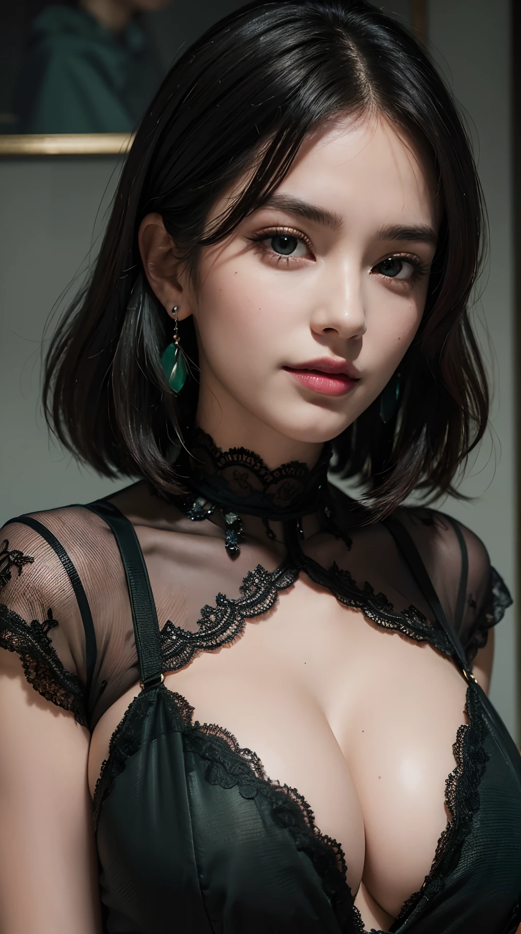 (best quality,4k,8k,highres,masterpiece:1.2),ultra-detailed,(realistic,photorealistic,photo-realistic:1.37),beautiful expressive eyes,long eyelashes,beautiful detailed lips,detailed hair and face,friendly smile,clean and flawless skin,(Very large breasts, big tits, oversized tits),Short hair,(Earrings, lace chokers, stylish clothes, shiny dark green, black lace),