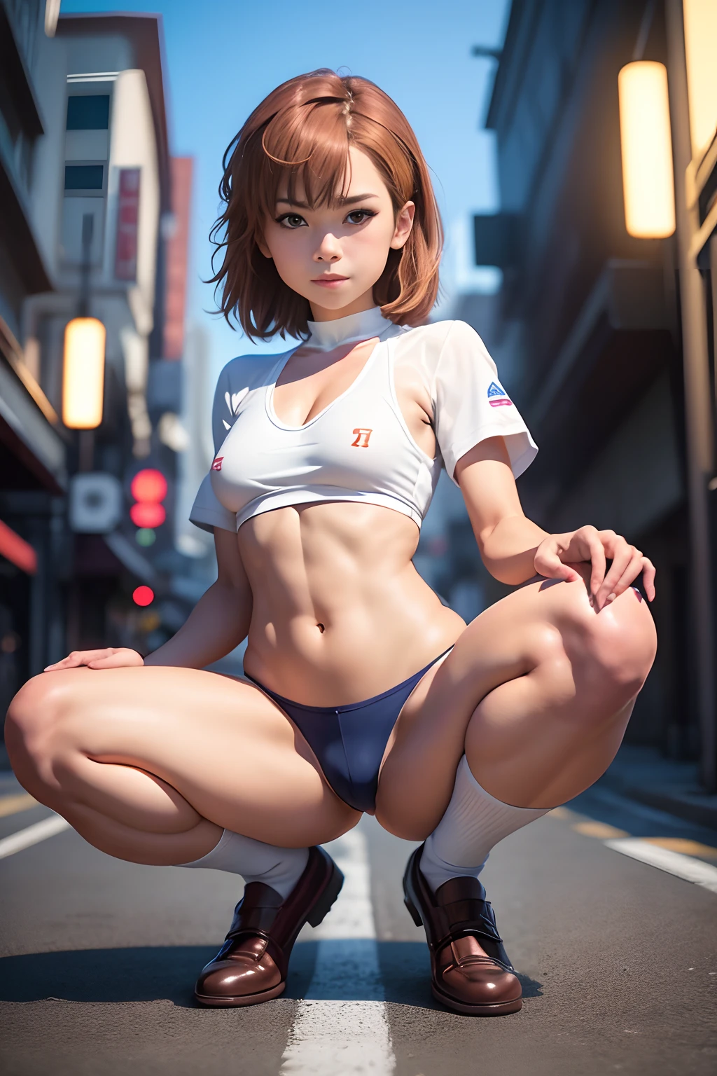(NSFW)、top-quality、Top image quality、8K picture quality、masterpiece、1girl in、girl with、full body Esbian、OGL tendons、(Tombikini)、(Dark blue socks)、(Brown loafers)、Misaka Mikoto、Smile、stares at the camera、browny short hair、small tits、Beautiful navel、cute butt、Raw thighs、Squatting on the ground、Open your crotch wide from side to side、Opening legs、In the street、Professional filming、profetional lighting