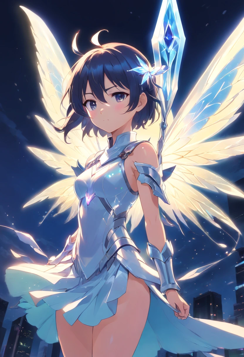 A female fairy wearing blindfold eye with silver crystal wings wearing gleaming white armor wielded a luminous spear that emanates a lot of darkness and a strong shield that the hardest rock poses while radiate a negative horror aura around her