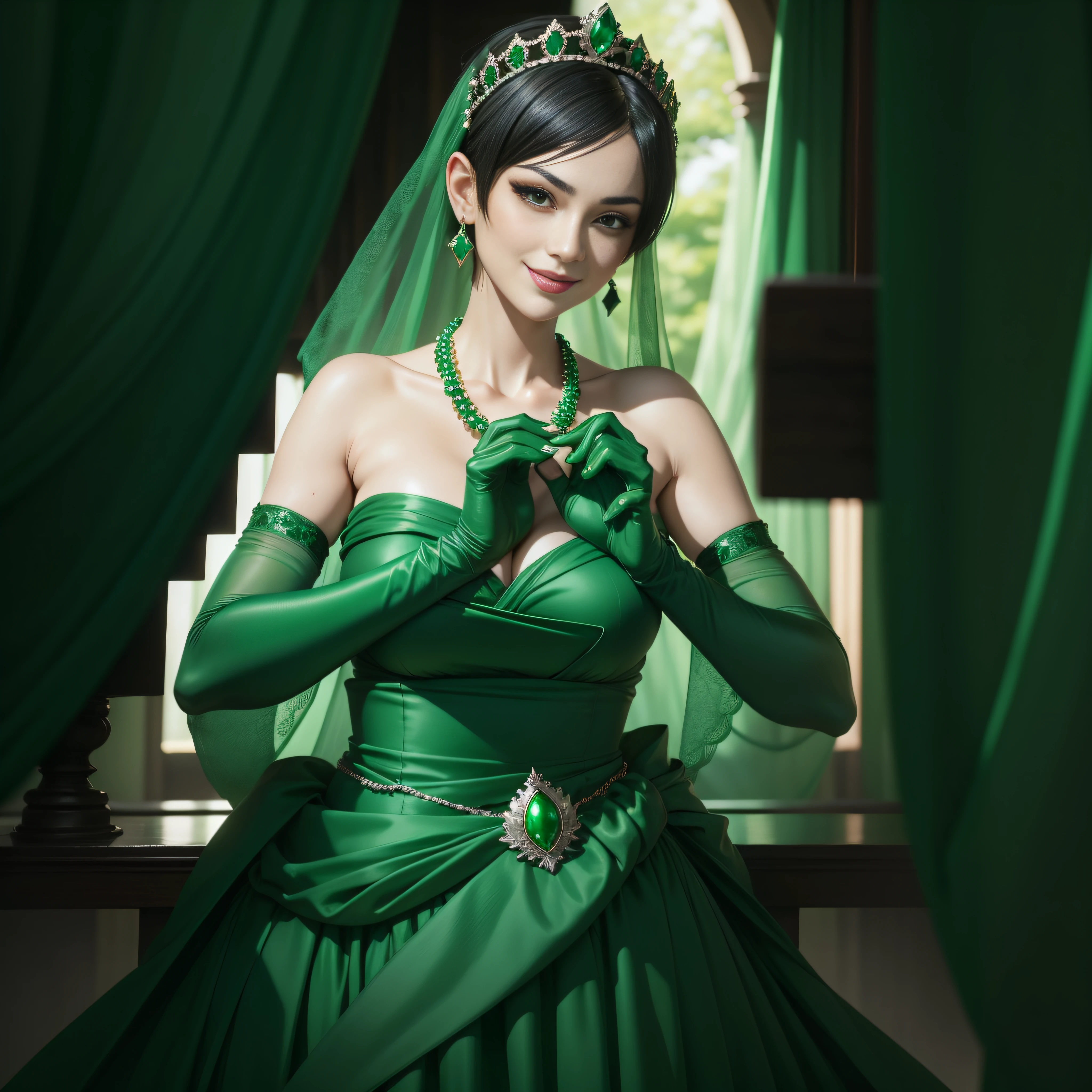 emerald tiara, Green Pearl Necklace, Boyish very short black hair, lipsticks, Japan woman smiling, very short short hair,  big breasts beautiful, Green eyes, Long green gloves made of satin material, Green eyes, Emerald Earrings, Day Church, Fold your hands