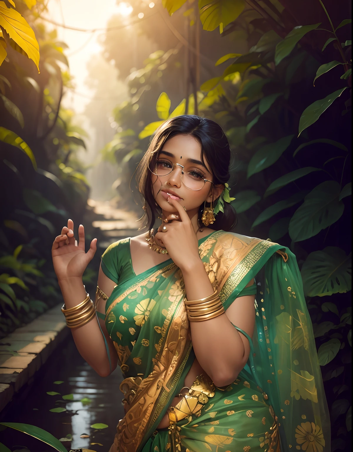 Beautiful Indian girls, transparent sari, beautiful jungle and fall background