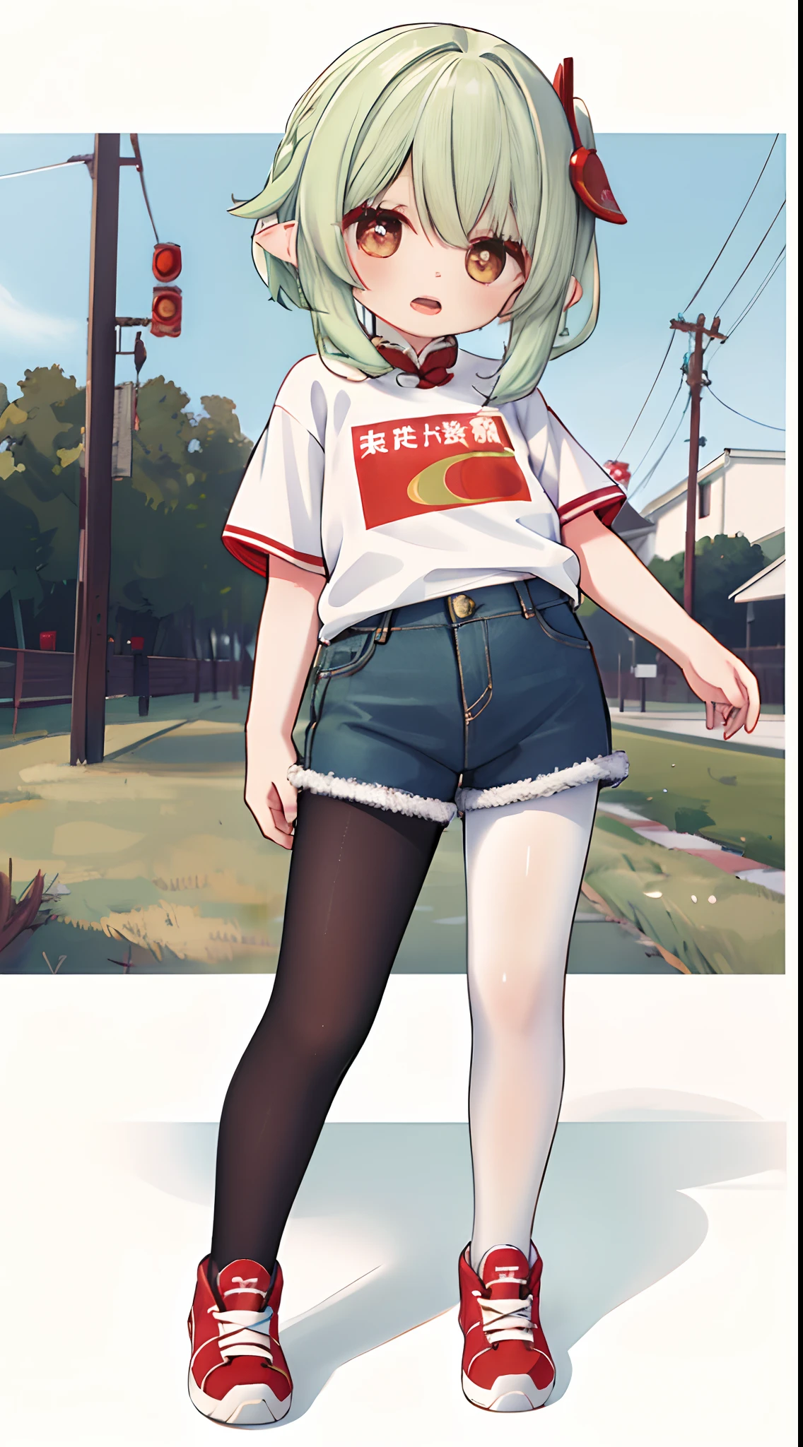 imagem realista, imagem coerente, imagem detalhada, 1 elfo bonito. Ela tem cabelo castanho, long hair with two braids. Olhos escarlates, long eyelashes. Your face is oval and delicate. sorrindo de boca aberta. She is wearing a traditional red shirt, com gola tangerina, mostrando o umbigo, mini saia xadrez plissada, tennis, She has a curvy body, medium breasts and thick thighs. mostrando seu fio dental. vista tanga, vista de baixo. fundo urbano. noite estrelada, flower petals falling. natural lighting in the front, volumetric lighting