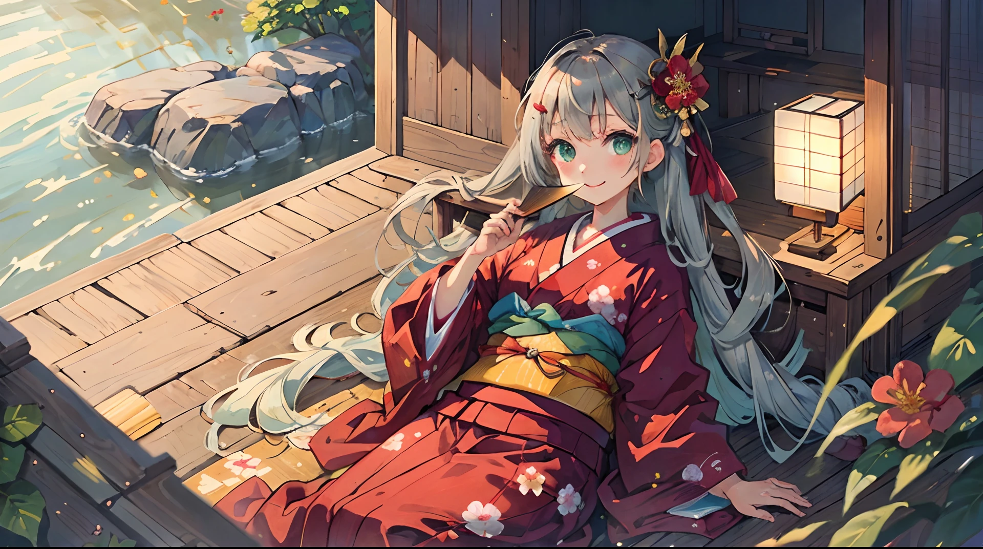 masutepiece, 超A high resolution, Cute Girl, A half body, Japan yukata style, gray long hair, Red kimono, long hair flowing,Hair is tied, Flower Embellishment, Green eyes, Hairpin, Cute li, cute little, Thick Paint, Gentle smile, Holding a fan、lovely、realisitic