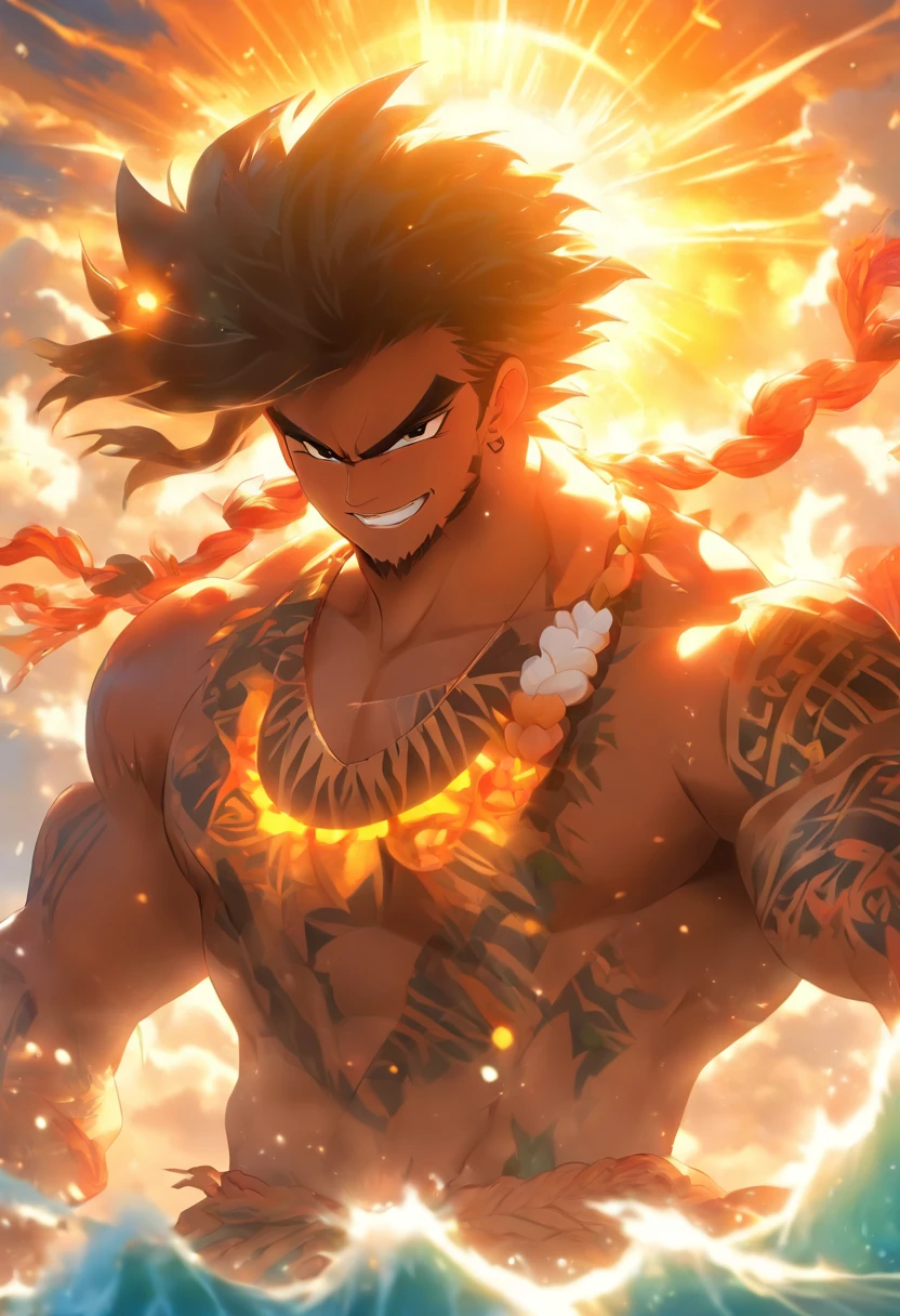 (((Pulling the sun))) best quality, ultra-high resolution, 4K detailed CG, master piece,Maui,Hawaiian God,the man who pulled the sun,ropes,Hawaiian Clothing, maori,Hawaiian Mythology,Hawaii,Style of Maori painting, aesthetics, Beautiful image, depth of field, centered image