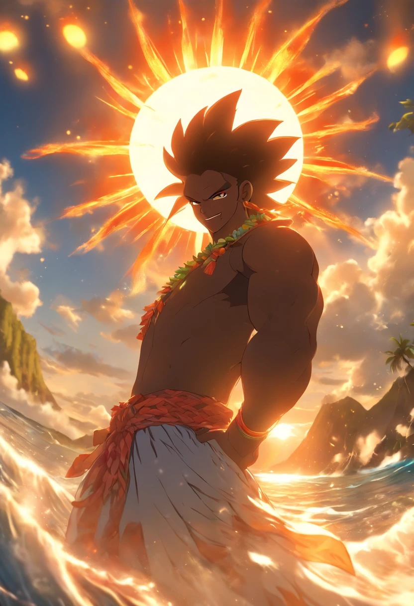 (((Pulling the sun))) best quality, ultra-high resolution, 4K detailed CG, master piece,Maui,Hawaiian God,the man who pulled the sun,ropes,Hawaiian Clothing, maori,Hawaiian Mythology,Hawaii,Style of Maori painting, aesthetics, Beautiful image, depth of field, centered image