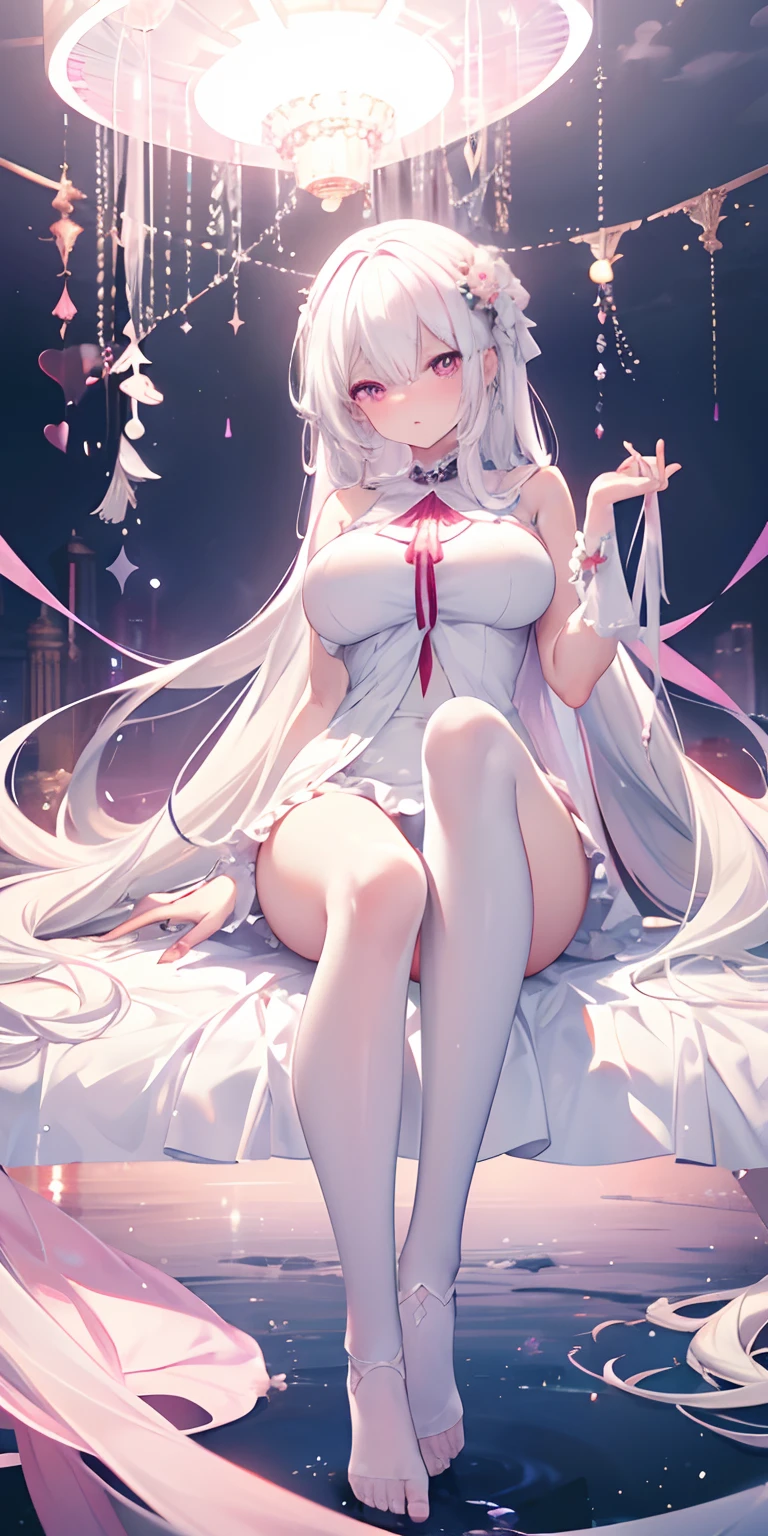 Girl, big breasts, beautiful, white skin, , pink eyeballs, white hair, good figure, super long beautiful legs, white stockings, 8K, CG quality, master works, perfect eyes, eye details, straight fingers, straight thighs, no extra toes, no extra legs