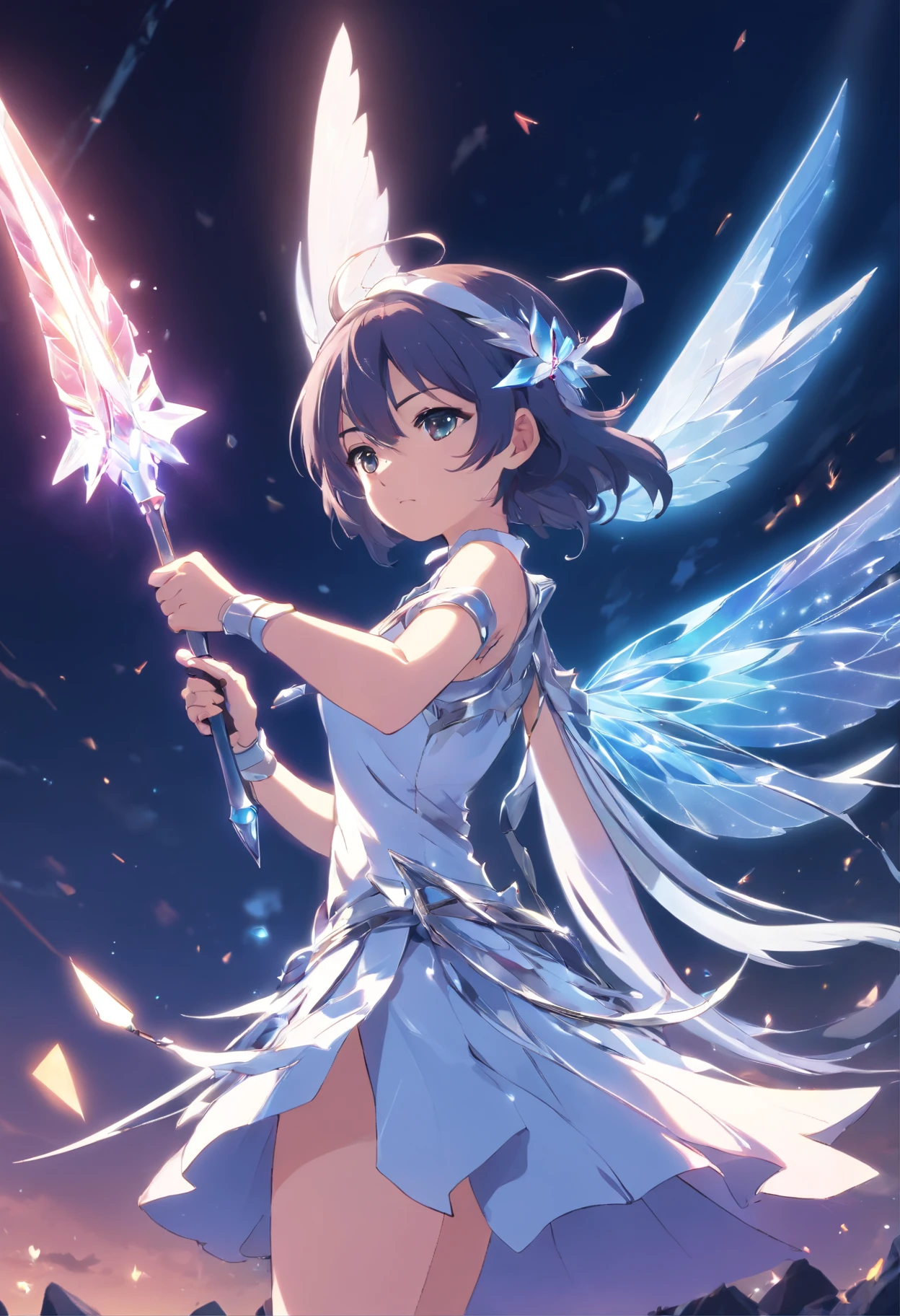 A female fairy wearing blindfold eye with silver crystal wings wearing gleaming white armor wielded a luminous spear that emanates a lot of darkness and a strong shield that the hardest rock poses while radiate a negative horror aura around her