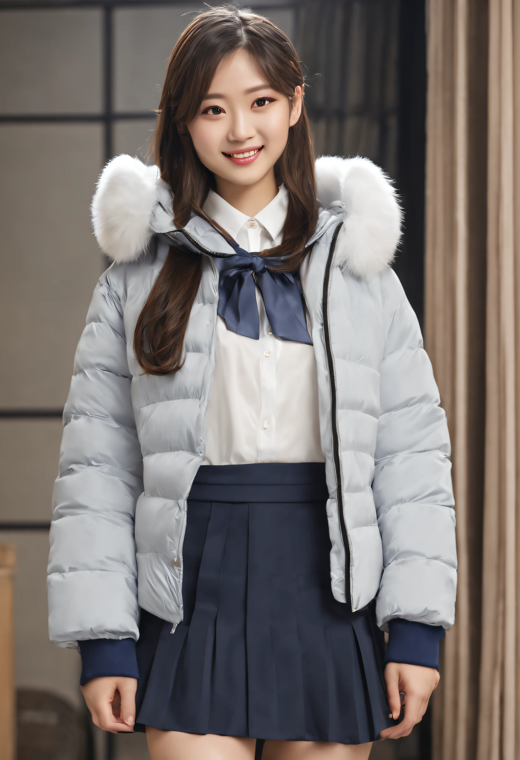 18 year old beautiful Japanese female, wearing silk navy blue puffer coat with fur hood, school uniform, silk blouse, silk tie, short dark pleated skirt, cute,masterpiece, best quality, smiling, cute, open puffer coat, silk, photorealistic, indoors, large breasts, tight blouse