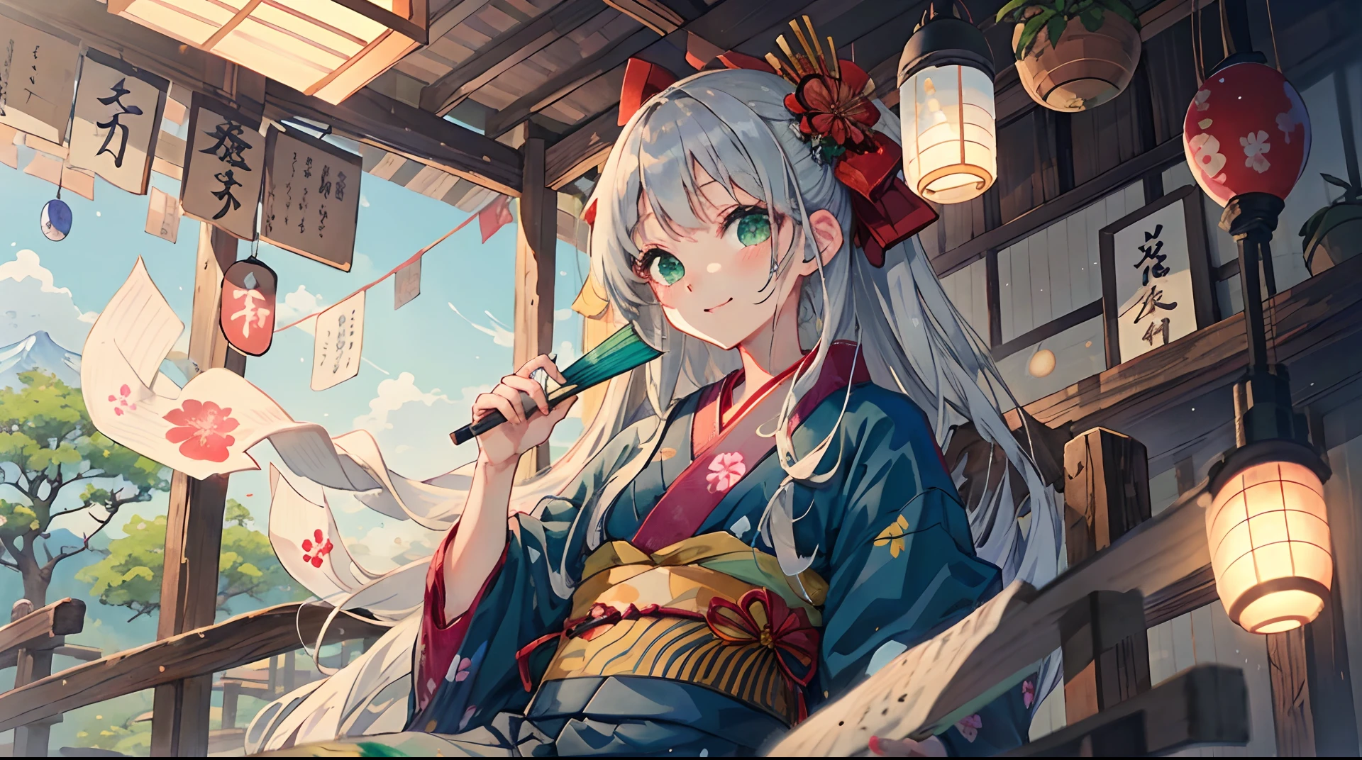 masutepiece, 超A high resolution, Cute Girl, A half body, Japan yukata style, gray long hair, Red kimono, long hair flowing,Hair is tied, Flower Embellishment, Green eyes, Hairpin, Cute little loli, cute little, Thick Paint, Gentle smile, Holding a fan、lovely、realisitic