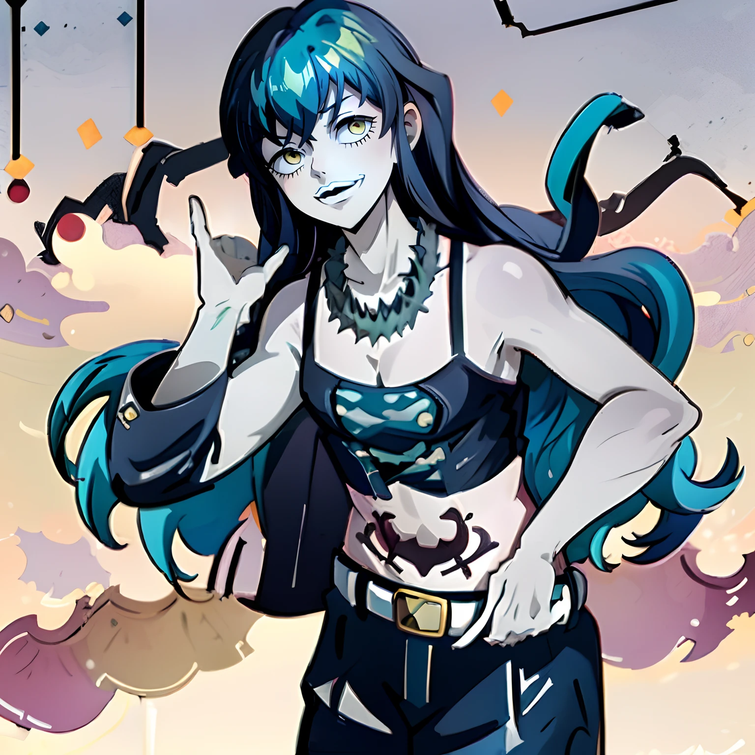 1boy, aqua eyes,Tokito_Muichirou,two-tone hair,multi colored hair long hair male focus, (Rock of Succubus),Midriff, belt, pants, (tattoo:1.1), pubic tattoo,makeup, (colored skin:1.3), (lips), (black lips:1.3),(lipstick), (pale skin:1.5),cross-laced clothes, (spiked bracelet), necklace, middle finger