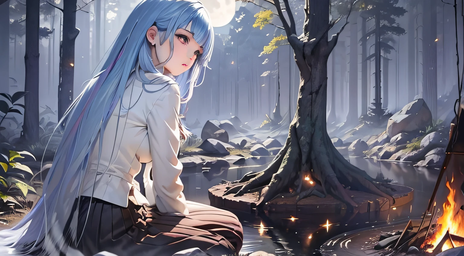 A beautiful girl is reflecting on herself in front of a burning campfire, in an anime cartoon character, in the middle of a dense forest, on a night full of stars and a full moon