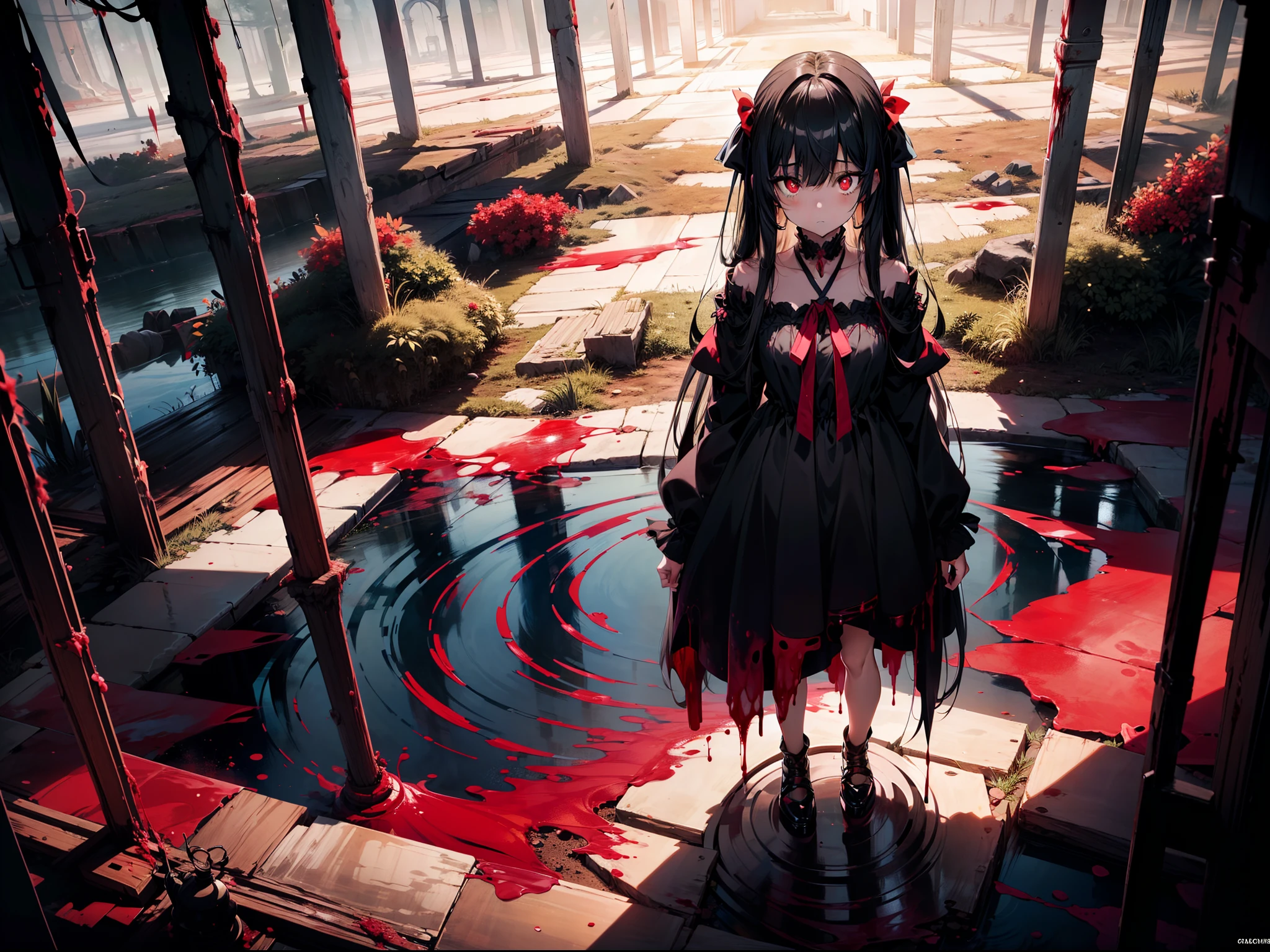 1 loli girl ,standing in blood sea, bloody body, character focus, ((rape eyes)) ,black hair, long hair, ribbon , black dress, red eyes, glowing eyes ,high resolution,(incredibly absurdres), (hires.fix:1.3),anime visual,extremely detailed CG unity 8k wallpaper, ((masterpiece)), ((top-quality)), (beautiful illustration), ((an extremely delicate and beautiful))