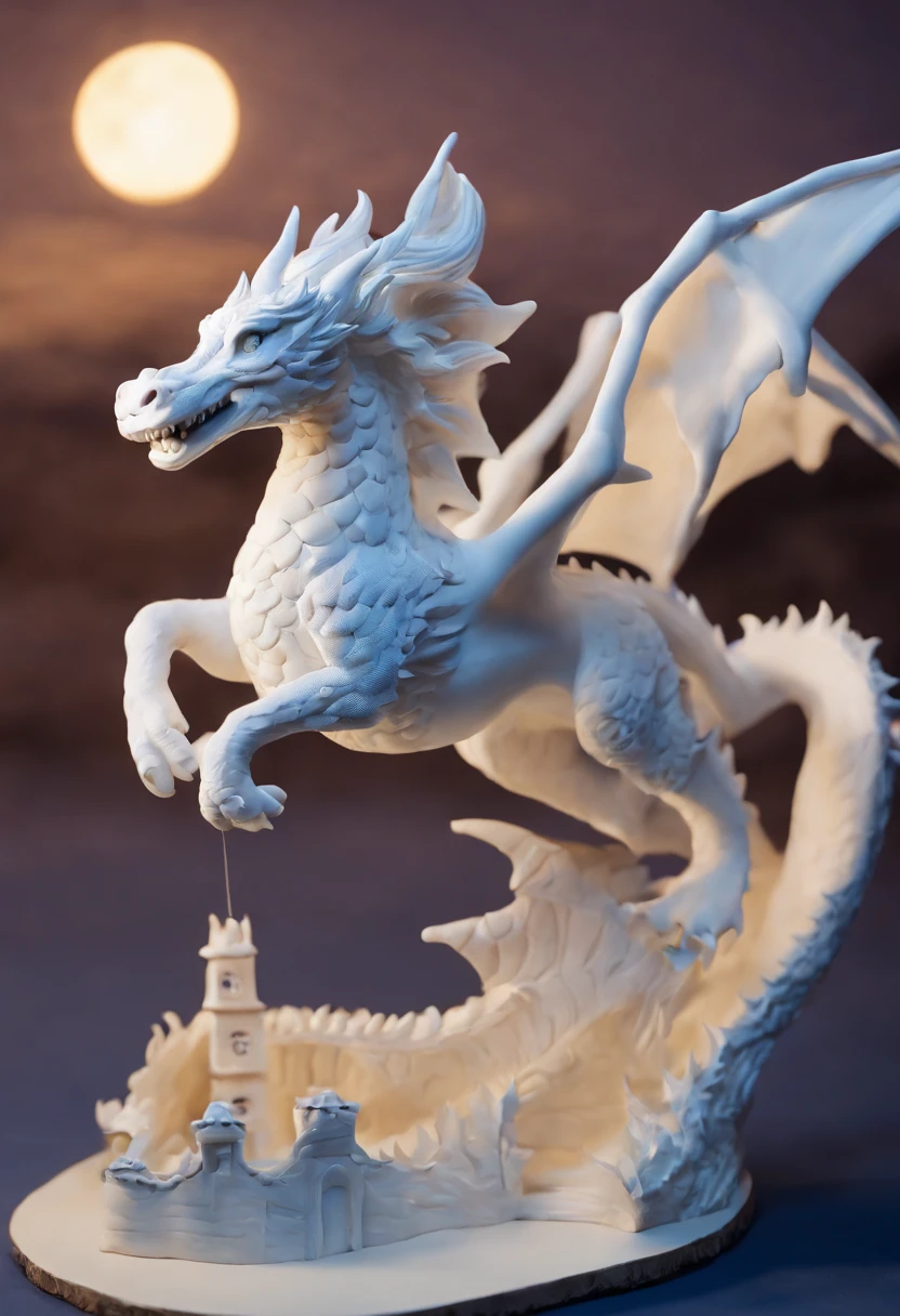 At night a girl flies on a white dragon