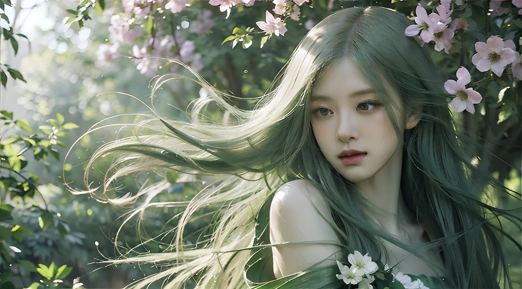 Green theme,green hair blowing in the wind,green flowing dress,beautiful detailed eyes,dreamy expression,soft sunlight,artistic portrait,photorealistic,vivid colors,creative lighting,romantic atmosphere,ethereal beauty,waist-length hair,peaceful and serene, delicate features,pure and innocent,fantasy world,magical ambiance,impressionist painting style