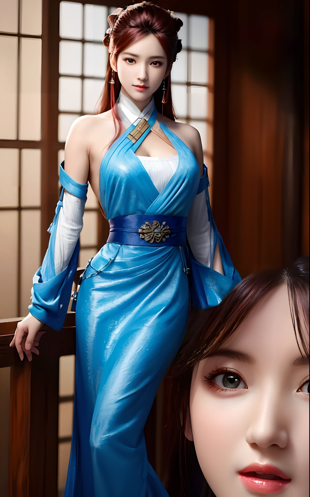 a close up of a woman in a blue dress with a white dress, upon body from head to thighs xianxia, inspired by Lan Ying, inspired by Li Mei-shu, inspired by Qiu Ying, inspired by Li Tang, upon body from head to thighs wuxia, game cg, xianxia, queen of the sea mu yanling, xianxia hero, (hyperrealistic:1.25), (illustration), (high resolution), (8K), (extremely detailed), (best illustration), (beautiful detailed eyes), (best quality), (ultra-detailed), (masterpiece), (wallpaper), (photorealistic), (detailed face), high detailed realistic skin texture, anatomically correct, solo, 1girl, (high detailed realistic hair), (red hair:1.3), (heterochromic eyes), (detailed red glowing eyes:1.25), (realistic big breasts:1.3), (cleavage), (exposed breasts), (bare shoulders), (long legs), (slender abs), (dynamic pose), (closed lips:1.3), (upon body from head to thighs), nsfw, absurdres, highres, ultra detailed, eyeliner, sideboob,