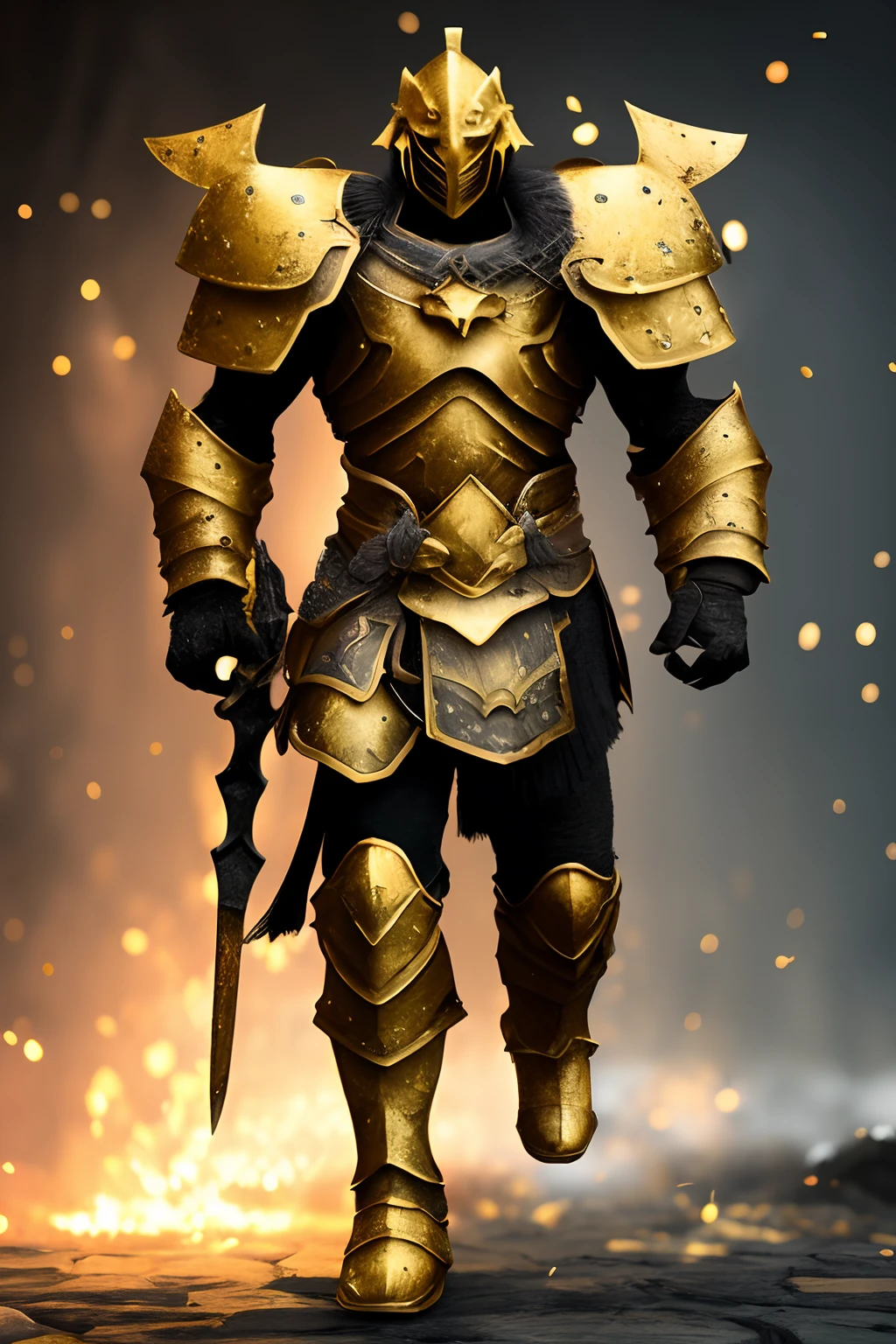 Sparten warrior with gold armor black background --ar 2:3 realistic 8k no face epic