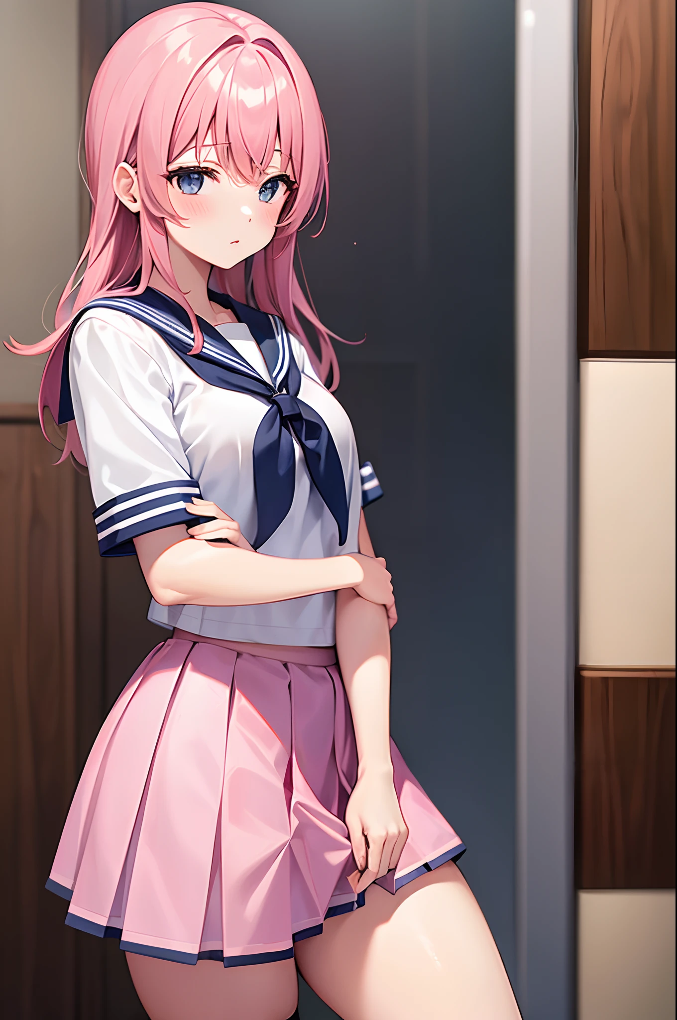 High school girl in a sailor suit with pink hair and a thick miniskirt in the infirmary