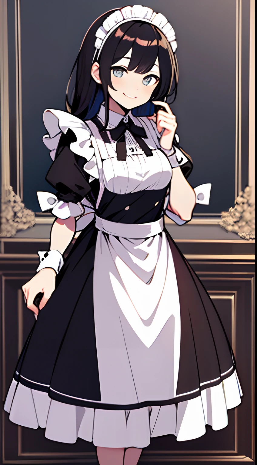 (masterpiece, best quality), full body, 1girl, solo, maid dress, Solid colour background White, Gorgeous long Dark hair, Happy, Smiling, Walker, smiling at viewer, amber eyes, 4K, Semi realistic, Anime style