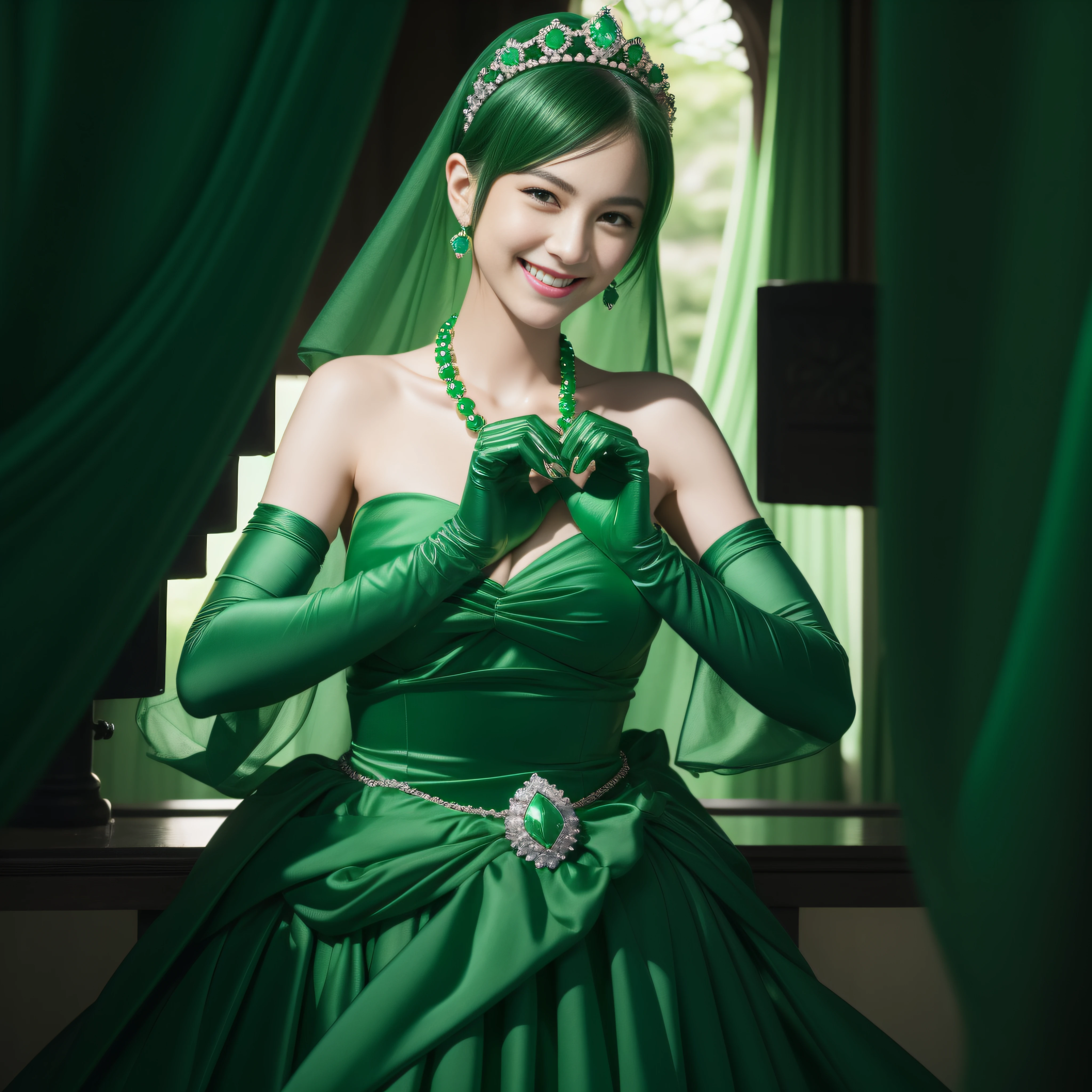 emerald tiara, Green Pearl Necklace, Boyish very short black hair, lipsticks, Japan woman smiling, very short short hair, big breasts beautiful, Green eyes, Long green gloves made of satin material, Green eyes, Emerald Earrings, Day Church, Fold your hands