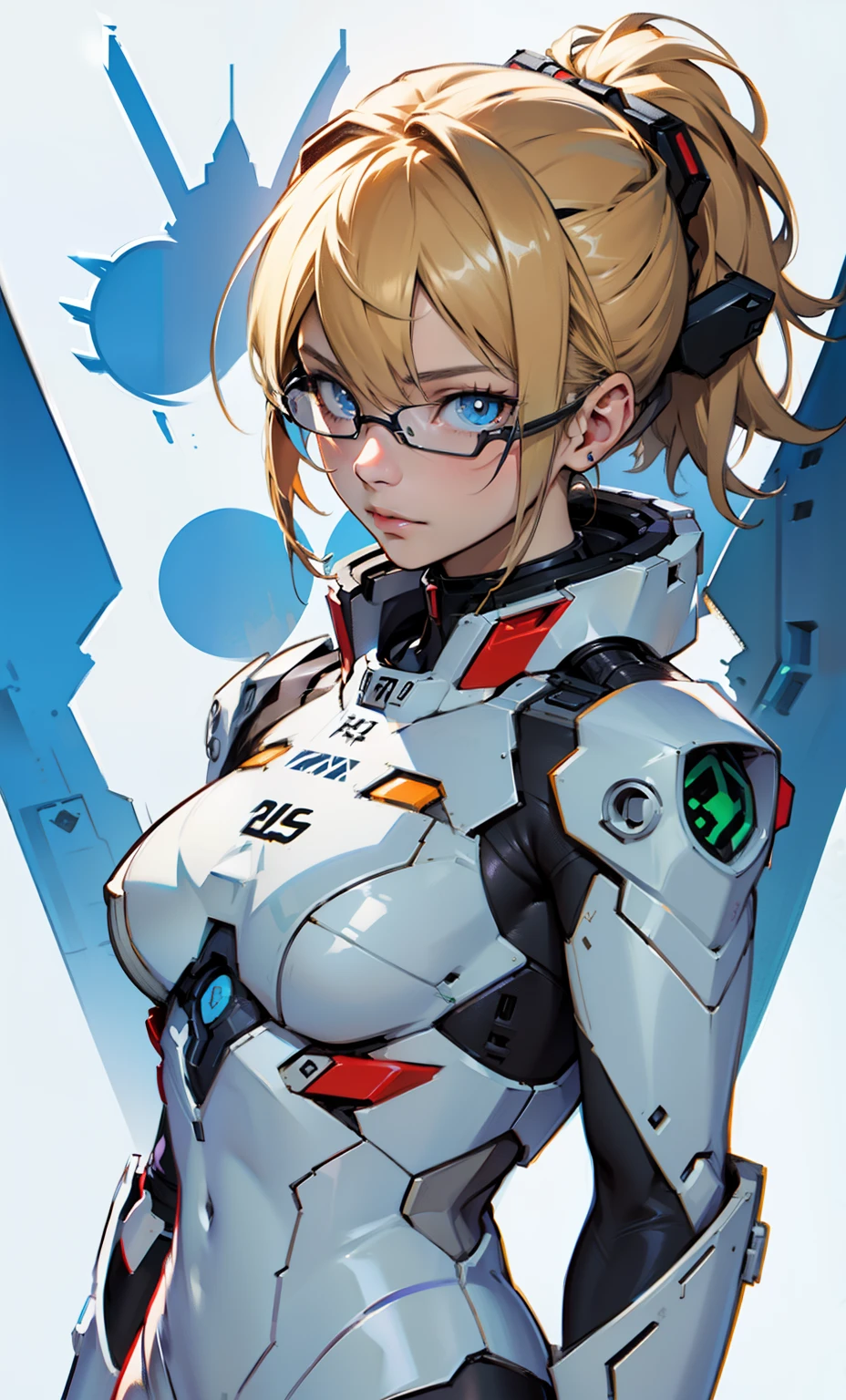 A  girl in a straitjacket，（（concept art of character）），((CharacterDesignSheet、Same role、frontage、Lateral face、on  back))，Full body portrait of the character，Wear tactical eyepieces，Standing painting，Game character design，with a pure white background，Short blonde hair，blue colored eyes，White mech driving suit，Mech pilot，Evangelion style，expert high detail concept art，concept-art，interesting character design，concept-art