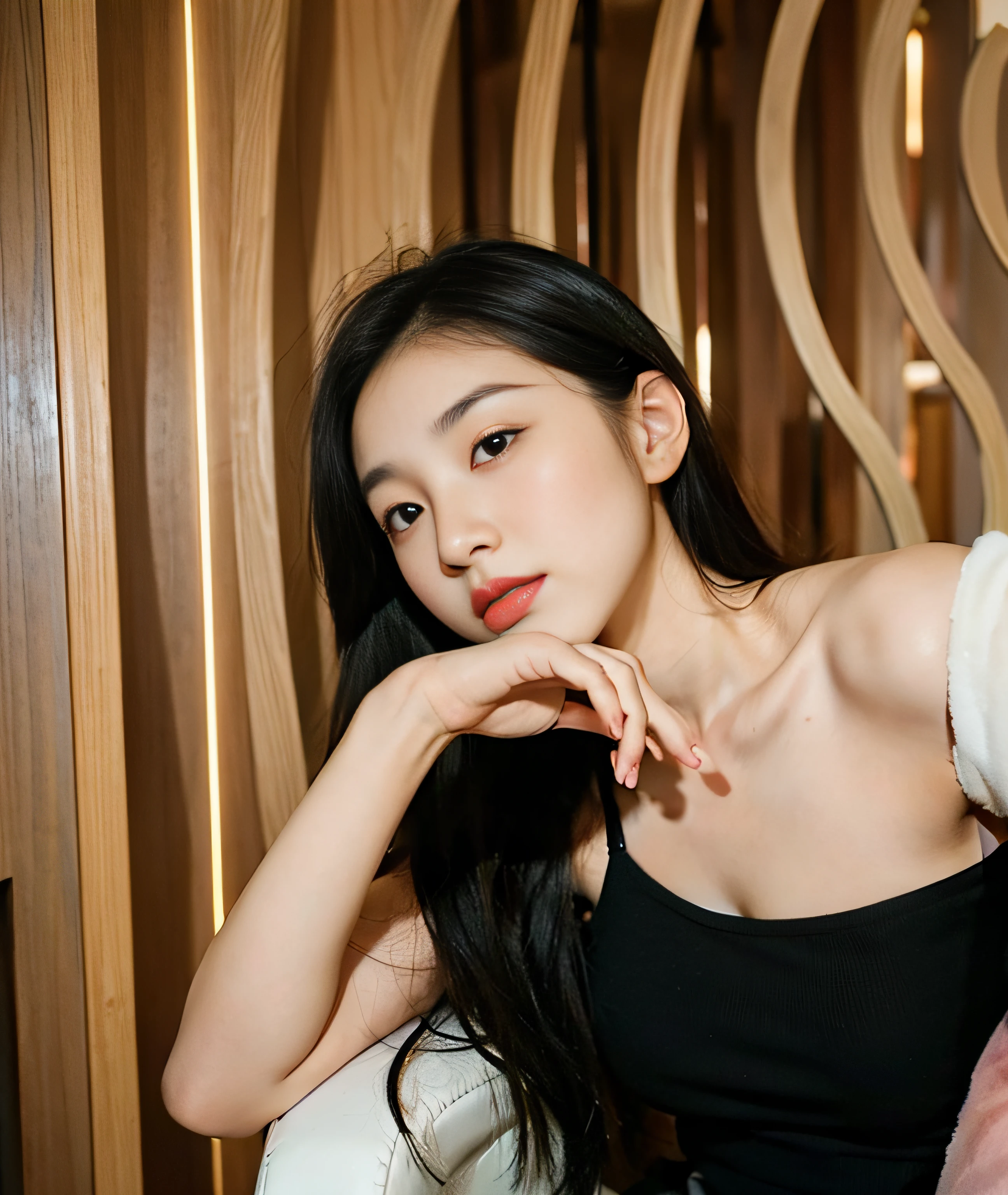 There is a woman sitting on a chair,hand on chin, A young Asian woman, An Asian woman, selfie of a young woman, 8k selfie photograph, Beautiful young Korean woman, Chinese woman, Gorgeous young Korean woman, beautiful Korean women, Young Asian woman, Inspired by Huang Ji, xintong chen, woman with porcelain skin, Yun Ling