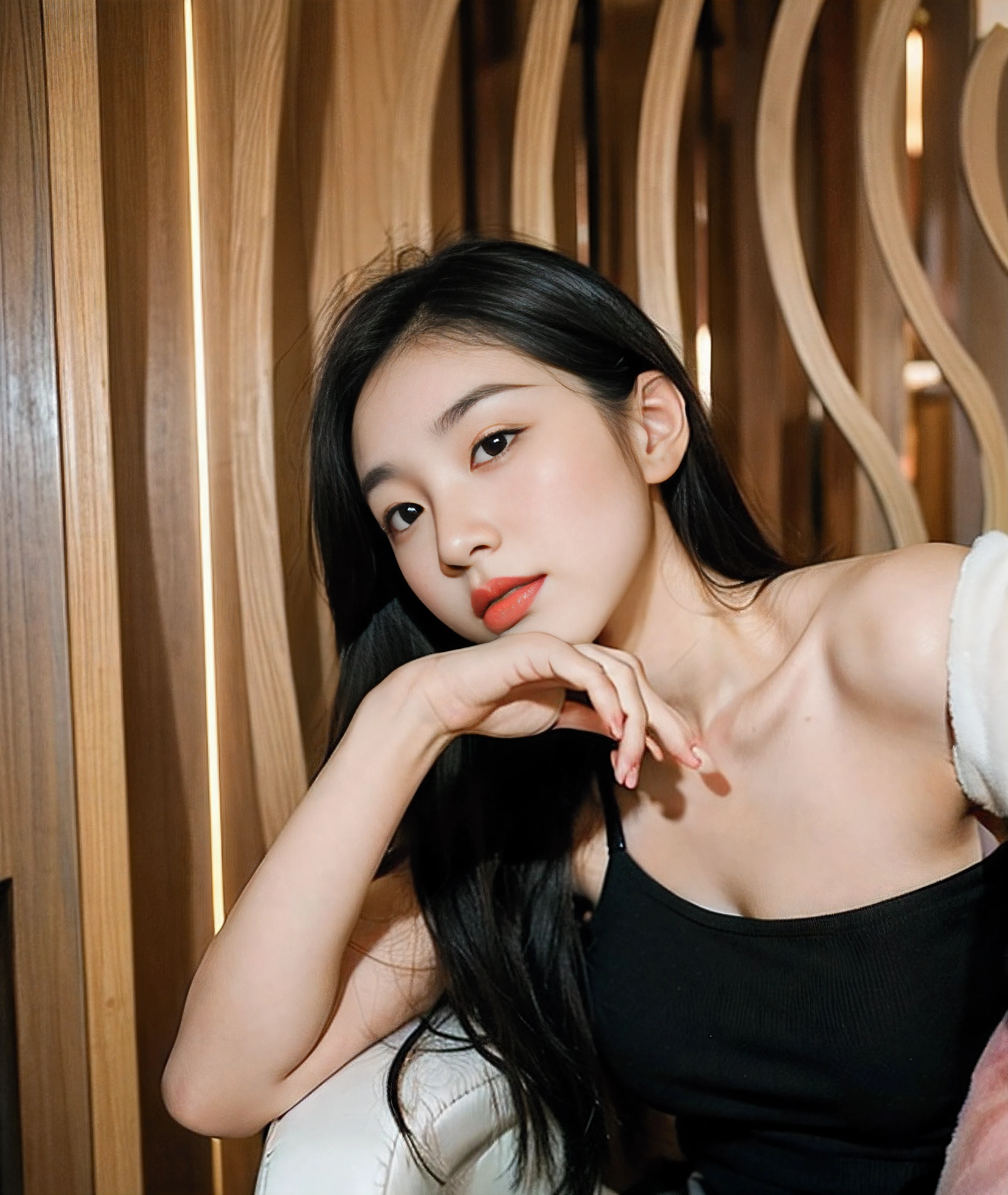 There is a woman sitting on a chair,hand on chin, A young Asian woman, An Asian woman, selfie of a young woman, 8k selfie photograph, Beautiful young Korean woman, Chinese woman, Gorgeous young Korean woman, beautiful Korean women, Young Asian woman, Inspired by Huang Ji, xintong chen, woman with porcelain skin, Yun Ling