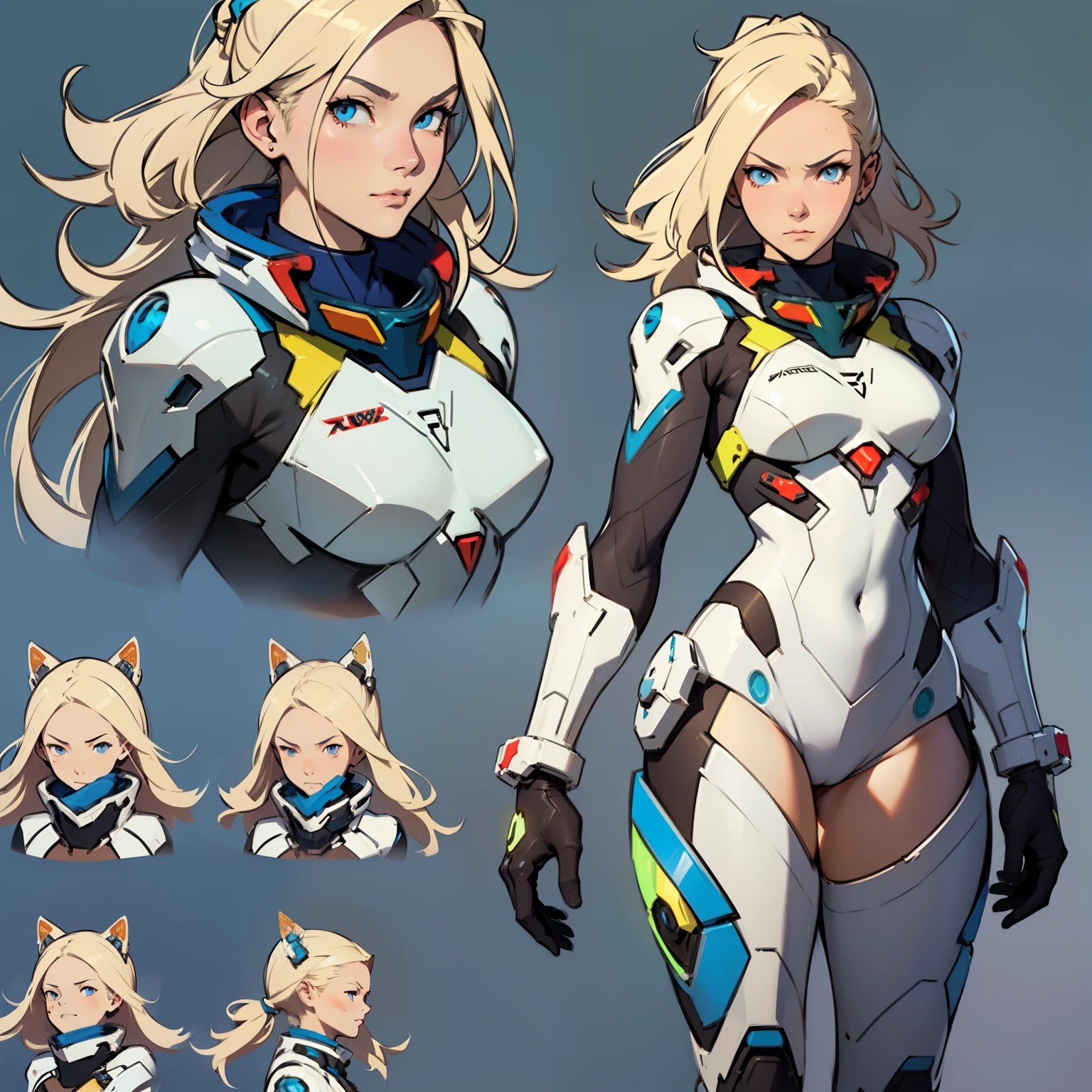 A teenage girl in a straitjacket,((concept art of character)),((CharacterDesignSheet、Same role、frontage、Lateral face、on back)),Game character design,with a pure white background,Short blonde hair,blue colored eyes,White mech driving suit,Mech pilot,Evangelion style,expert high detail concept art,concept-art,interesting character design,lucio as a woman,gravity rush inspired。concept-art,