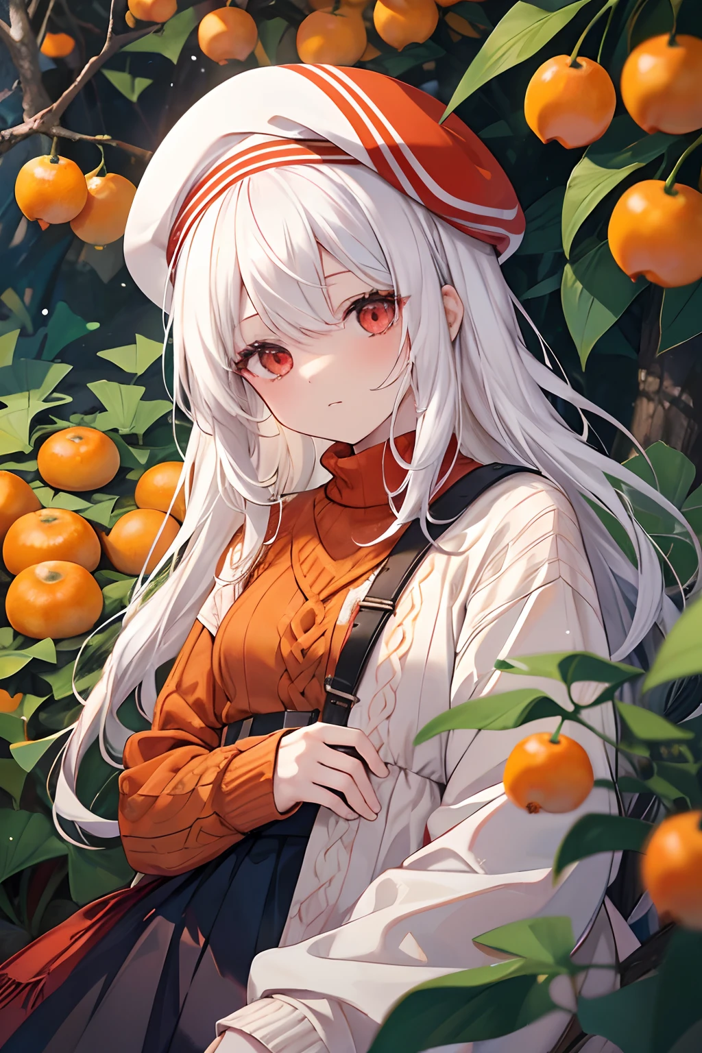 {high quality}, low angle shot, 1girl, {white hair}, {red eyes}, {low angle shot, 1girl, {white hair}, {red eyes}, {lying next to a kumquat tree}, ginkgo, {brown sweater}, {long dark blue skirt}, {orange beret}.