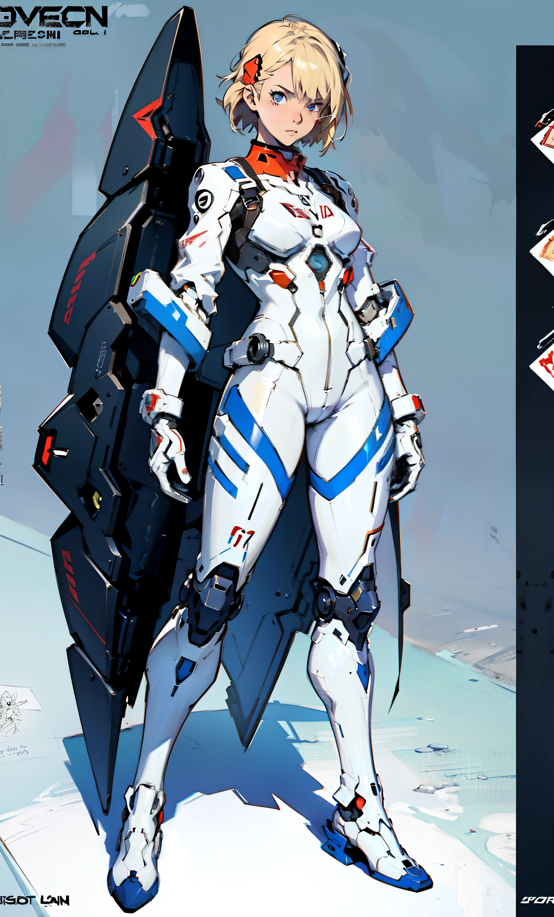 A teenage girl in a straitjacket，（（concept art of character）），((CharacterDesignSheet、Same role、frontage、Lateral face、on  back))，Full body portrait of the character，Wear tactical eyepieces，Standing painting，Game character design，with a pure white background，Short blonde hair，blue colored eyes，White mech driving suit，Mech pilot，Evangelion style，expert high detail concept art，concept-art，interesting character design，concept-art