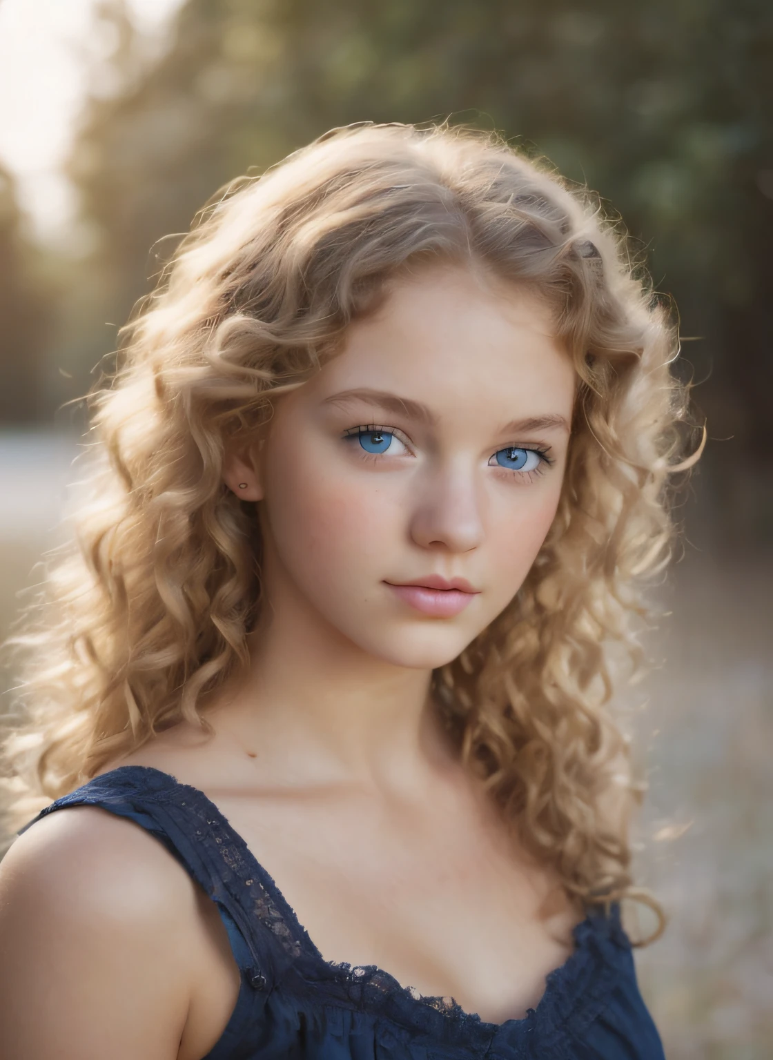 Country girl. Teen. Young adult. Curly hair. Blue eyes. Sweet. Romantic. Pretty.