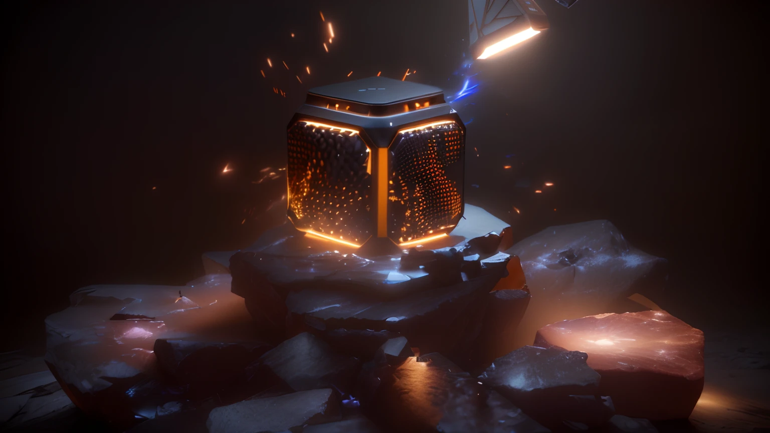 There was a speaker sitting on the rock, 3 d product render, Product rendering, Official product photo, product design render, promotional render, 8k octane 3d render, dramatic product shot, octagon render 8k, designed in blender, dark-toned product photos, daily render, on a dark background, On dark rock background, cubes, cyber punk perssonage,Divine sense top light,Cinematic lighting effects,Hyper-realistic rendering,Vray rendering
