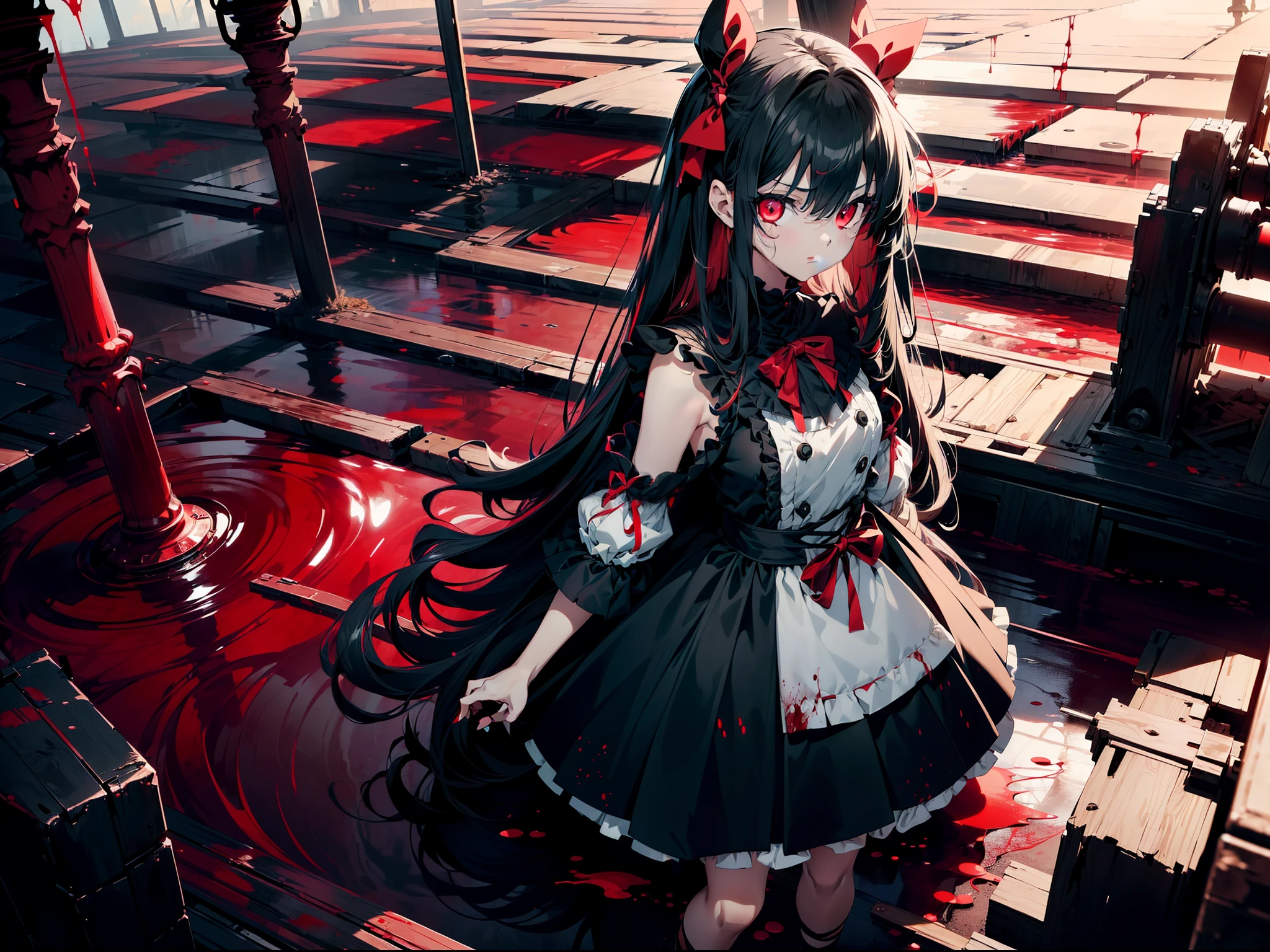 1 loli girl ,standing in blood sea, bloody body, character focus, ((rape eyes)) , serious face, black hair, long hair, ribbon , black dress, red eyes, glowing eyes ,high resolution,(incredibly absurdres), (hires.fix:1.3),anime visual,extremely detailed CG unity 8k wallpaper, ((masterpiece)), ((top-quality)), (beautiful illustration), ((an extremely delicate and beautiful))