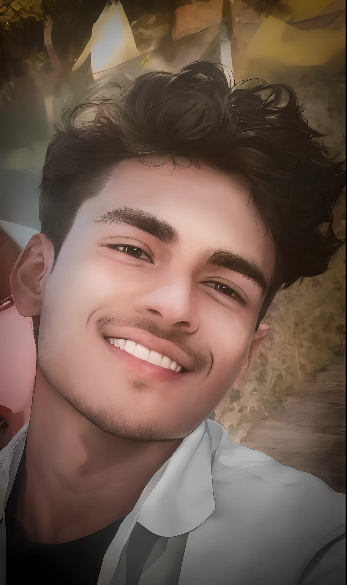 Male handsome young man,In his twenties,Heroic,Sunny and cheerful,Boyish,The wind ruffled his hair slightly,Three-dimensional facial features,s delicate face,He came up the stairs toward me,The corners of the lips are slightly hooked,It shows that he is in a good mood now,ultra-realistic realism