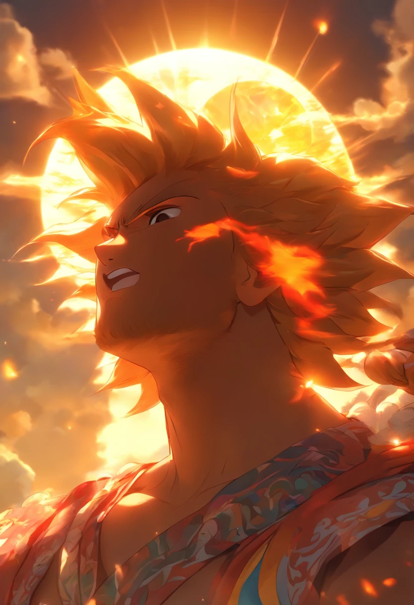 (((Looking at the sun))) best quality, ultra-high resolution, 4K detailed CG, master piece,Maui,Hawaiian God,the man who pulled the sun,ropes,Hawaiian Clothing, maori,Hawaiian Mythology,Hawaii,Style of Maori painting, ((Looking towards the sun)) aesthetic, Beautiful image, depth of field, centered image