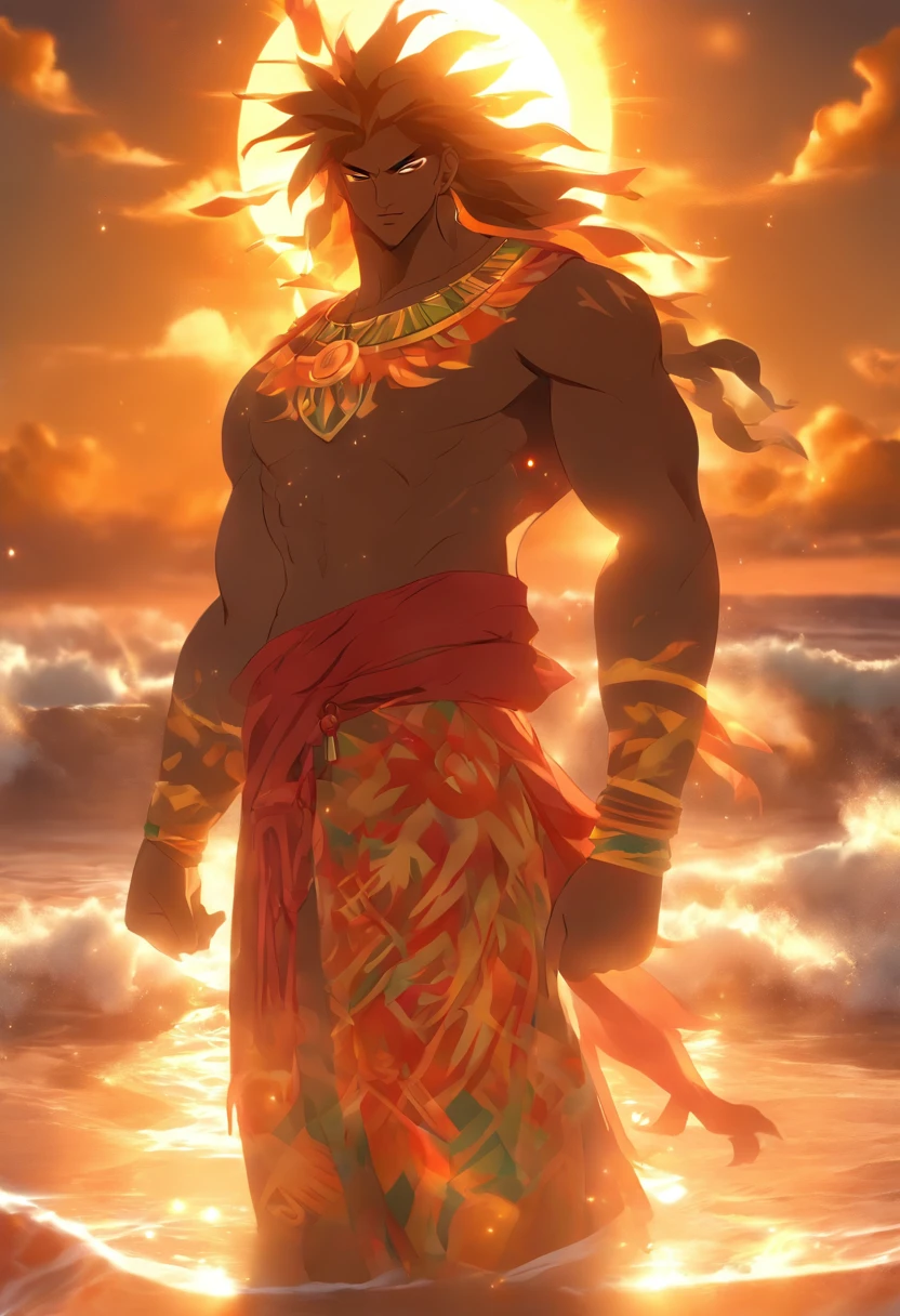 (((Looking at the sun))) best quality, ultra-high resolution, 4K detailed CG, master piece,Maui,Hawaiian God,the man who pulled the sun,ropes,Hawaiian Clothing, maori,Hawaiian Mythology,Hawaii,Style of Maori painting, ((Looking towards the sun)) aesthetic, Beautiful image, depth of field, centered image