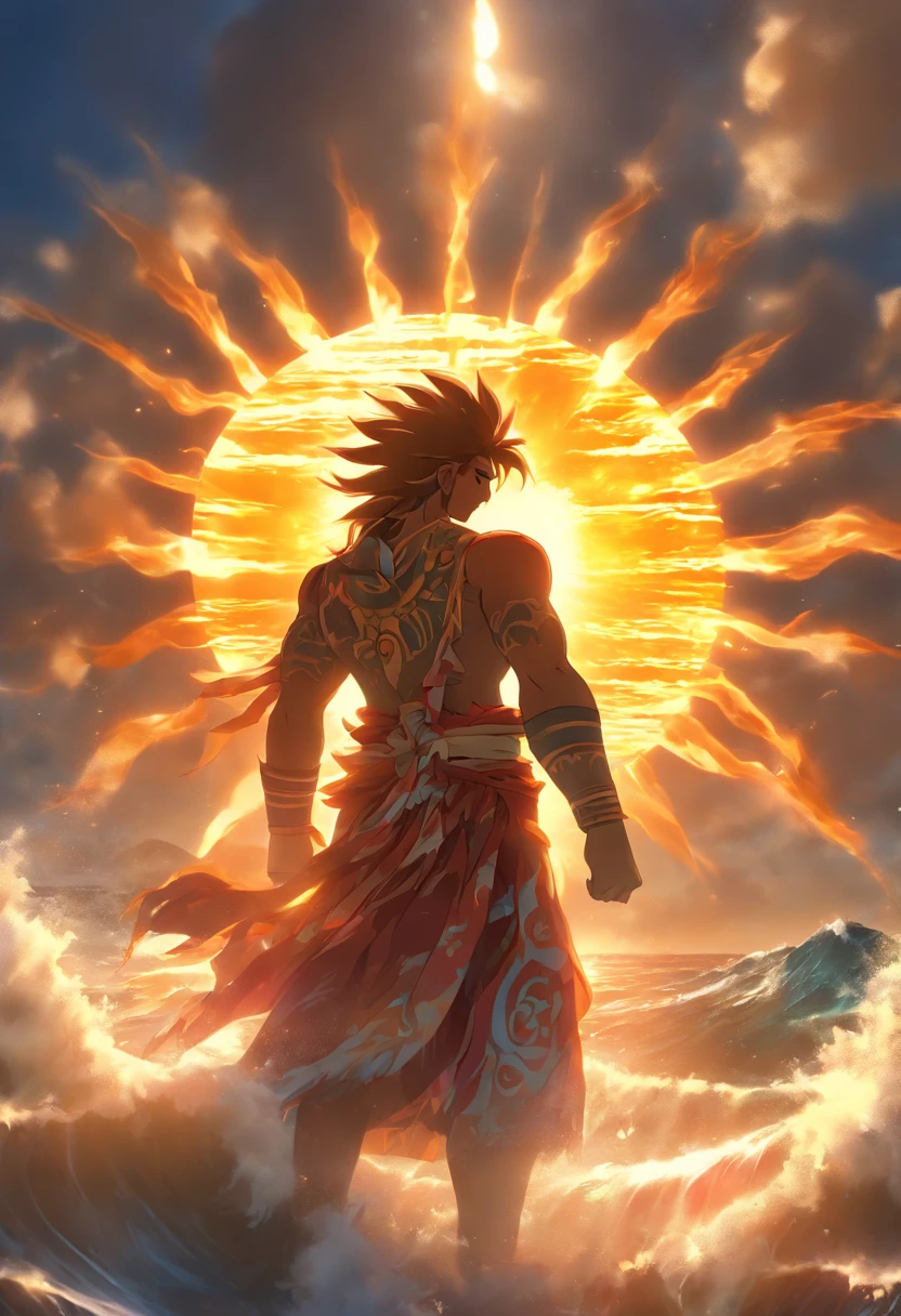 (((Looking at the sun))) best quality, ultra-high resolution, 4K detailed CG, master piece,Maui,Hawaiian God,the man who pulled the sun,ropes,Hawaiian Clothing, maori,Hawaiian Mythology,Hawaii,Style of Maori painting, ((Looking towards the sun)) aesthetic, Beautiful image, depth of field, centered image