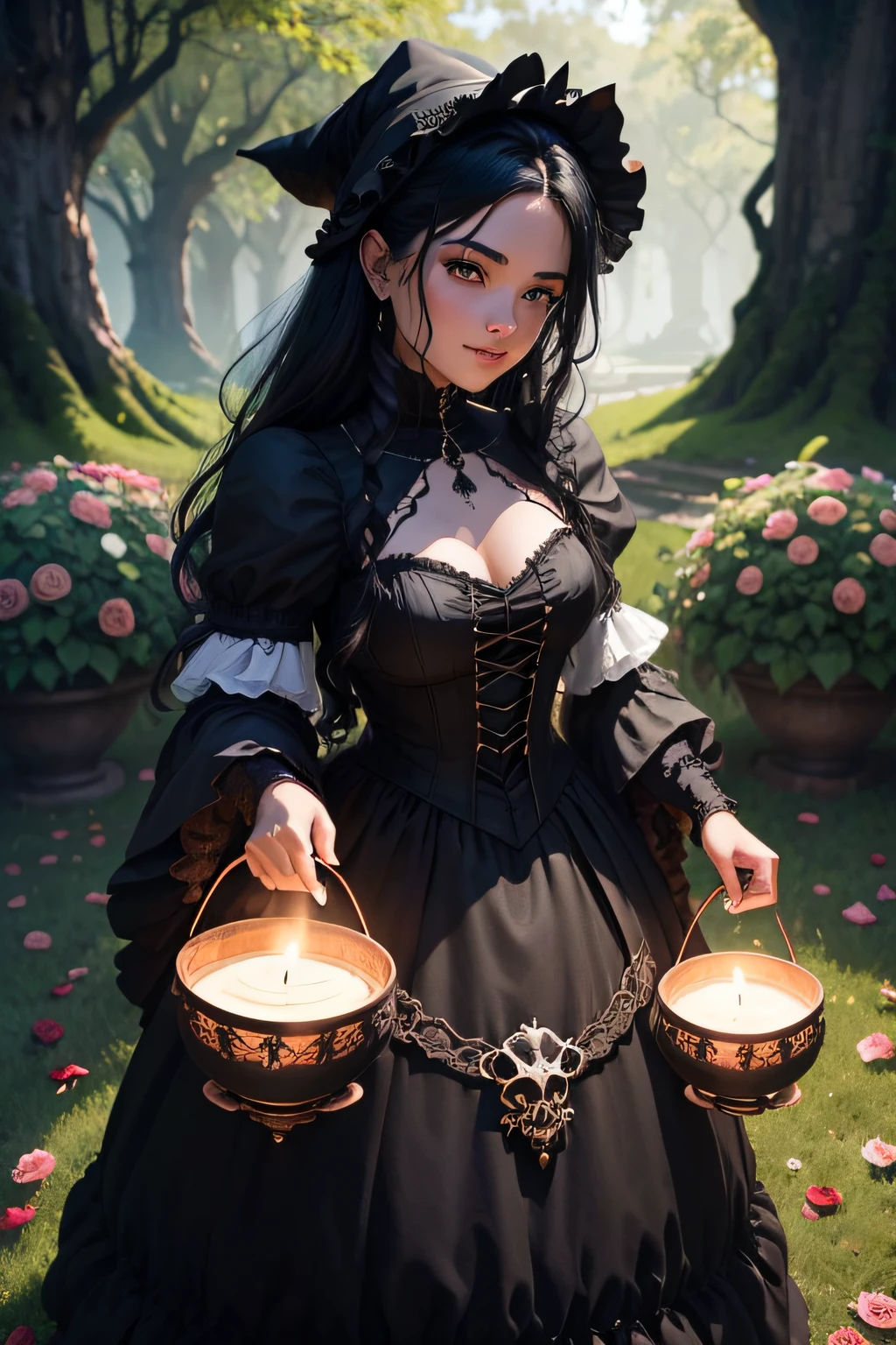 ((bruxa no jardim de rosas negras ))) stands and shows his perfect figure at full height, Dress in a magical costume of 7 round skirts in red lace, Foto colorida RAW de alto detalhe, In a Gothic Garden, copper parts, rebites, bruxa, bubbling cauldron, Slime hair black Penteado estilo de 7 saias rodadas em renda, olhar vibrante + sorriso encantadora bruxa com um toque de fantasia, dressed in a magical and mystical costume . She's in a magical setting, Surrounded bubbling potions in her glowing cauldron. Her curious gaze and delighted smile reveal her passion for witchcraft. Ao fundo, um templo de misticismo, cristais, velas, coruja, cartas, UHD skulls, 8K.