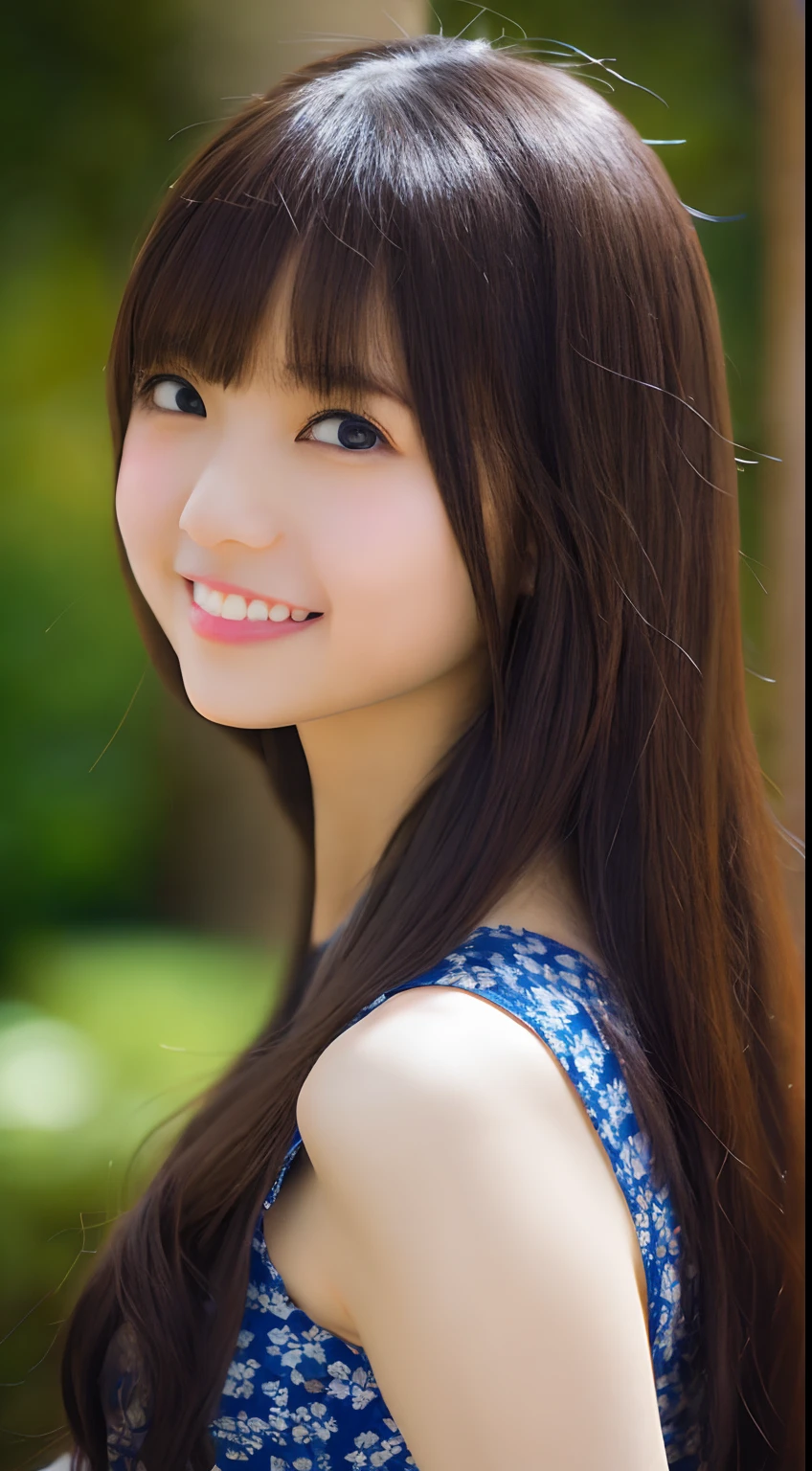 masutepiece, Best Quality, 8K, 15yo student, Teen, Raw photo, absurderes, award winning portrait, Smile, Smile, Solo, Night, neons, Idol face, violaceaess, gardeniass, Delicate girl, Upper body, Digital SLR, Looking at Viewer, Candid, Sophisticated, zora々Right, Thin arms, Professional Lighting, Film grain, chromatic abberation, (Eyes and faces with detailed:1.0), (Bokeh:1.1)