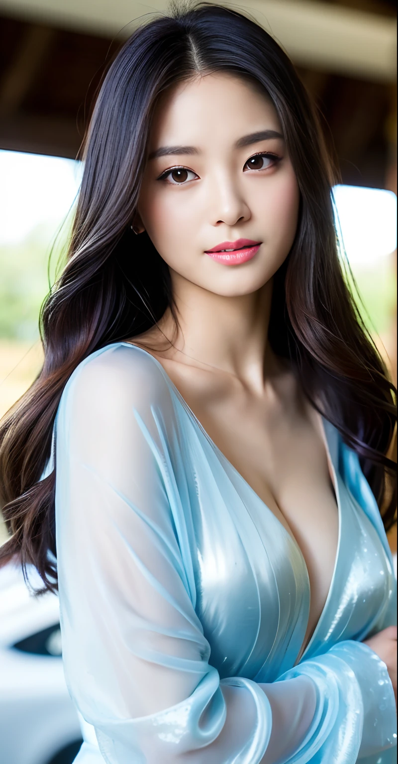 Nikon Z 85mm、((top-quality))((masterpiece))、super girl、intricate detailes、foco nítido、proffesional、Photorealsitic、real life、Ultrarealistic、photorealisim、Silhouette Light、finely detail、top-quality、CG Unity Wallpapers highly detailed 8k、erfect artwork、The upper part of the body、shinny hair、shinny eyes、glistning skin、3 Perfect Realistic Thai Female Figures、narrow waists、enchanting posture、sexy pose、extremely delicate and beautiful girl、 best qualtiy、Beautiful and detailed、beatiful detailed eyes、电影灯光、transparency、Light dark blue cardigan、realistic representation of face、(intricate detailes、make - up、(Beautiful delicate face details、Beautiful detailed delicate eyes、A perfectly proportioned face、highlydetailed skin、Detailed skin、4 fingers and thumb of the best proportions、tiny chest、 smooth abdomen、Thin and thin、lo fashion、独奏、(年轻)、Highlighted Faces、The upper part of the body、A detailed face、de pele branca、Silvery hair、big eye、silk robe(Hollow pattern、silk)、Slim body、At car racing events、Near sports cars、showing chest、Sexy glitter bikini、showing chest、Posts modeling different sexy poses、small tits